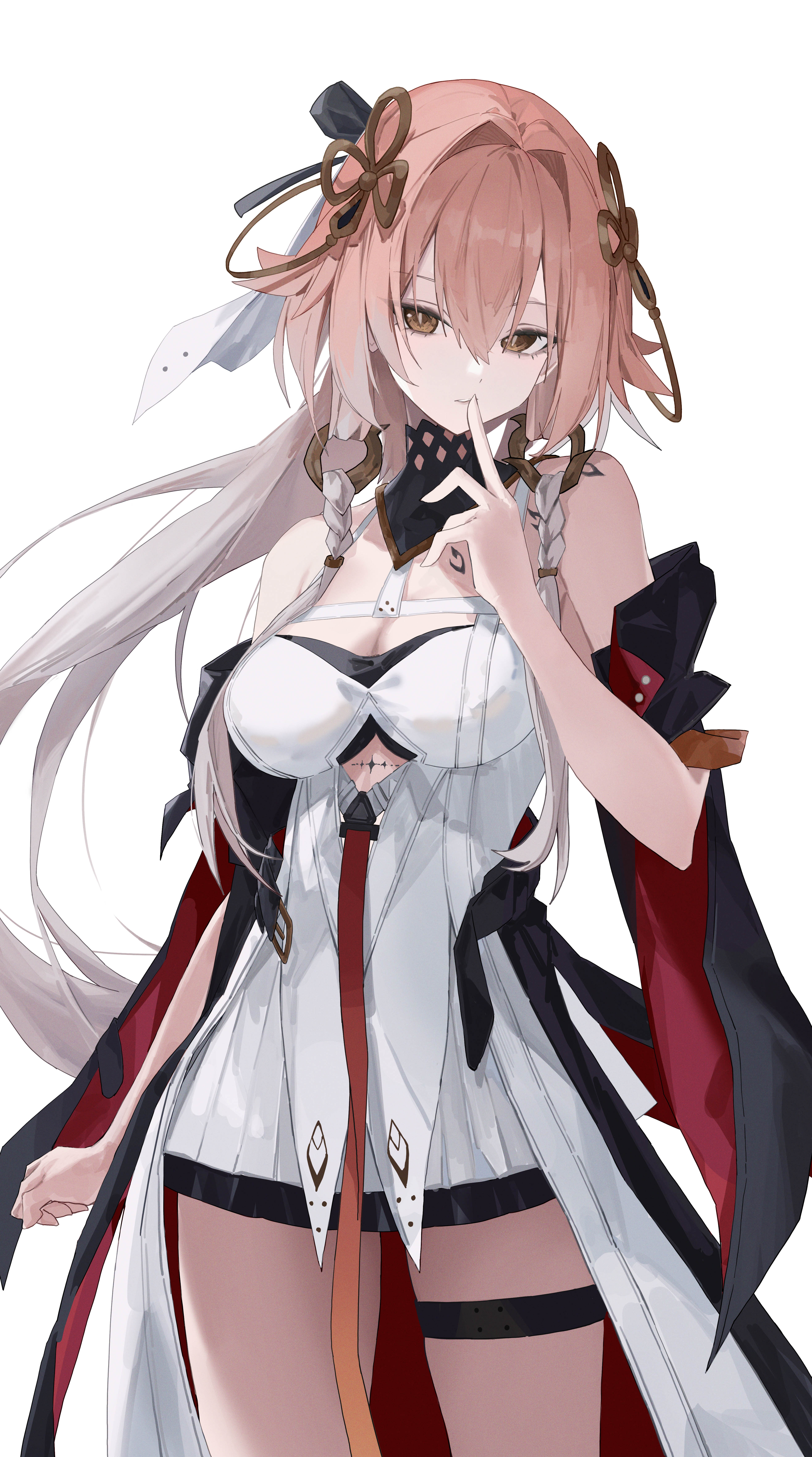 xuegao ice, changli (wuthering waves), wuthering waves, absurdres, highres, 1girl, bare shoulders, black collar, black jacket, body markings, braid, breasts, cleavage, closed mouth, collar, dress, finger to mouth, hair between eyes, hair extensions, hair intakes, hair ornament, hand up, index finger raised, jacket, large breasts, long hair, looking at viewer, missing commentary, multicolored hair, pink hair, ring hair extensions, shushing, simple background, solo, tacet mark (wuthering waves), thigh strap, thighs, twin braids, two-tone hair, very long hair, white background, white dress, white hair, yellow eyes