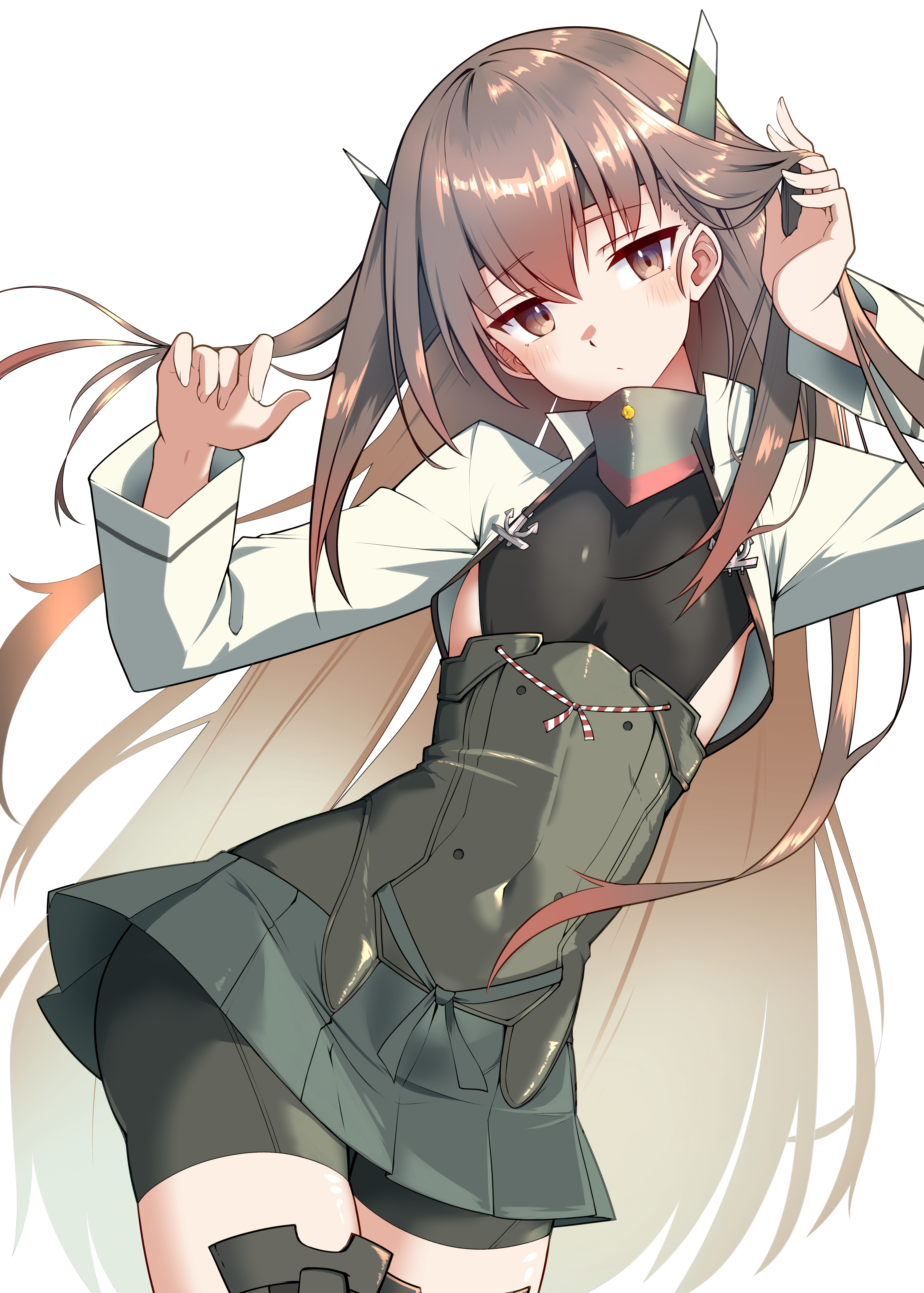 shiba (zudha), taihou (kancolle), taihou kai (kancolle), kantai collection, absurdres, commentary request, highres, 1girl, alternate hair length, alternate hairstyle, bike shorts, bike shorts under skirt, black shorts, boots, breasts, brown eyes, brown hair, corset, covered navel, cowboy shot, grey skirt, headgear, looking at viewer, pleated skirt, shorts, shorts under skirt, shrug (clothing), skirt, small breasts, solo, thigh boots, white shrug