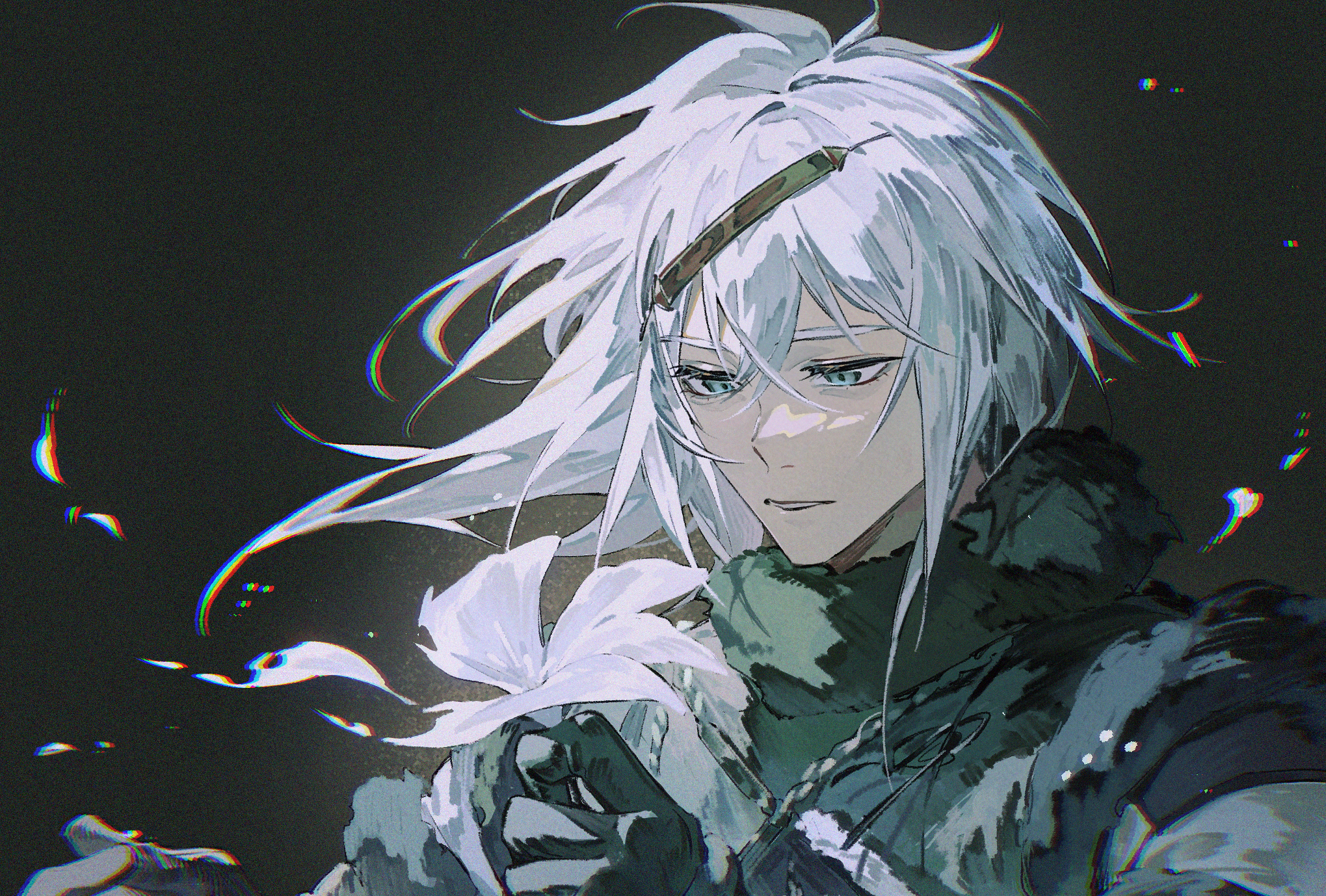 crow0cc, nier (brother), nier, nier (series), chinese commentary, commentary request, highres, 1boy, arm up, bishounen, black background, black gloves, black shirt, blue eyes, eyelashes, film grain, flower, gloves, holding, holding flower, looking at viewer, looking down, lunar tear, male focus, medium hair, shirt, solo, white flower, white hair