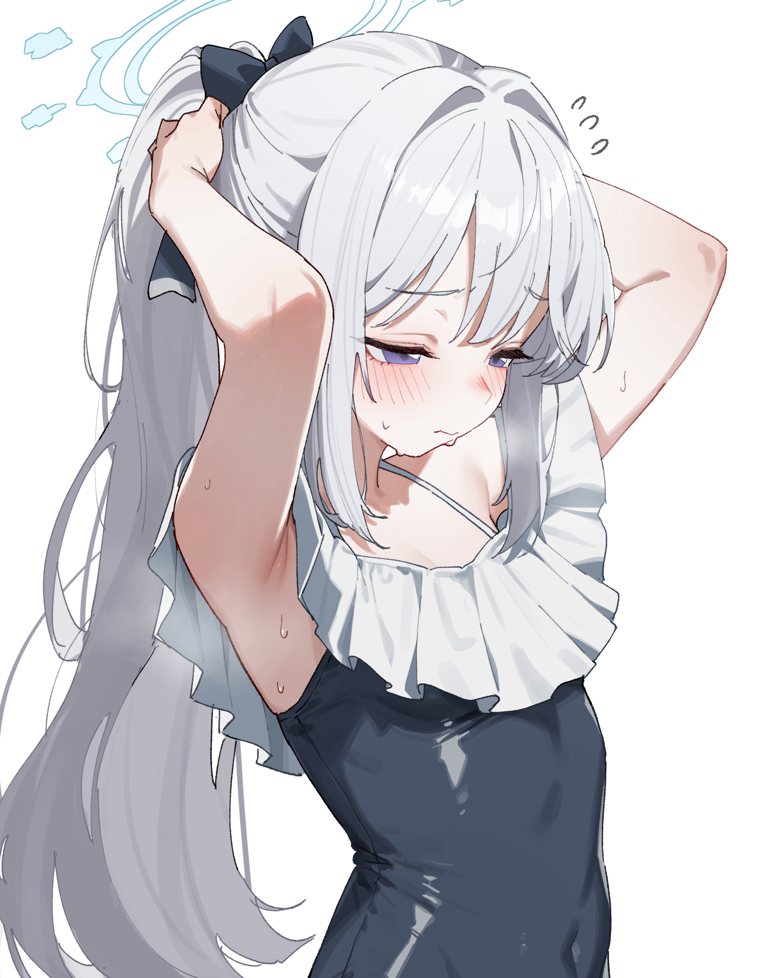 heoningu, miyako (blue archive), miyako (swimsuit) (blue archive), blue archive, commentary, highres, 1girl, armpits, blue bow, blue eyes, blue halo, blue one-piece swimsuit, blush, bow, breasts, grey hair, hair bow, halo, long hair, official alternate costume, one-piece swimsuit, ponytail, simple background, small breasts, solo, swimsuit, upper body, white background