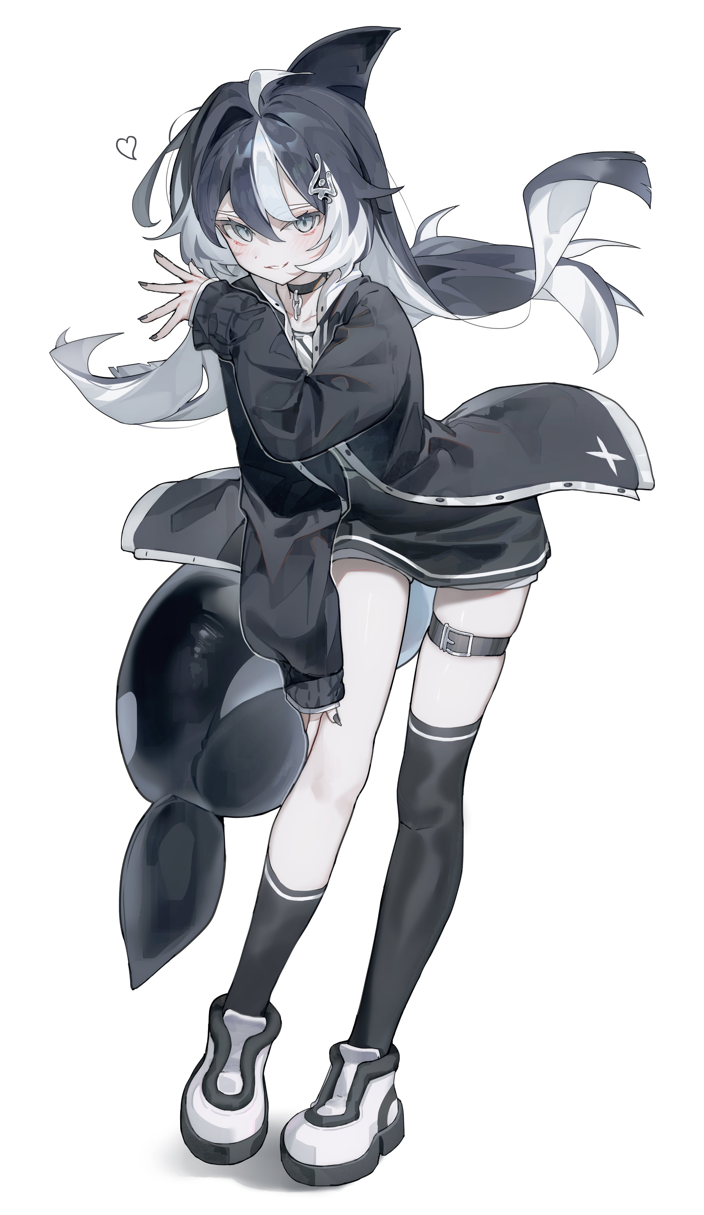 huu (dighapdlxm12), original, absurdres, commentary, english commentary, highres, 1girl, asymmetrical legwear, belt, black hair, black jacket, black socks, black thighhighs, full body, grey eyes, grey hair, hair ornament, heart, jacket, long hair, long sleeves, looking at viewer, multicolored hair, open clothes, open jacket, orca girl, parted lips, shoes, simple background, smile, socks, solo, standing, thigh belt, thigh strap, thighhighs, two-tone hair, uneven legwear, white background, white shoes
