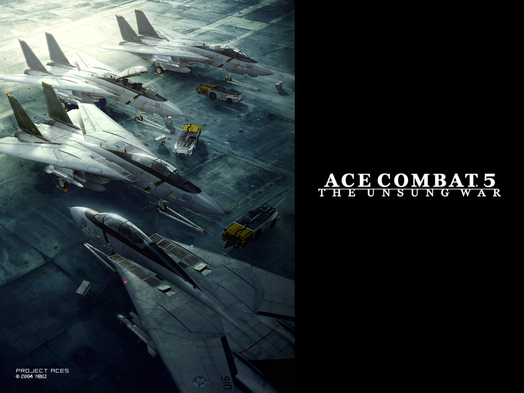 f-14, ace combat, ace combat 5, jet, official art, aircraft, airplane, external fuel tank, missile, multiple aircraft, wardog squadron