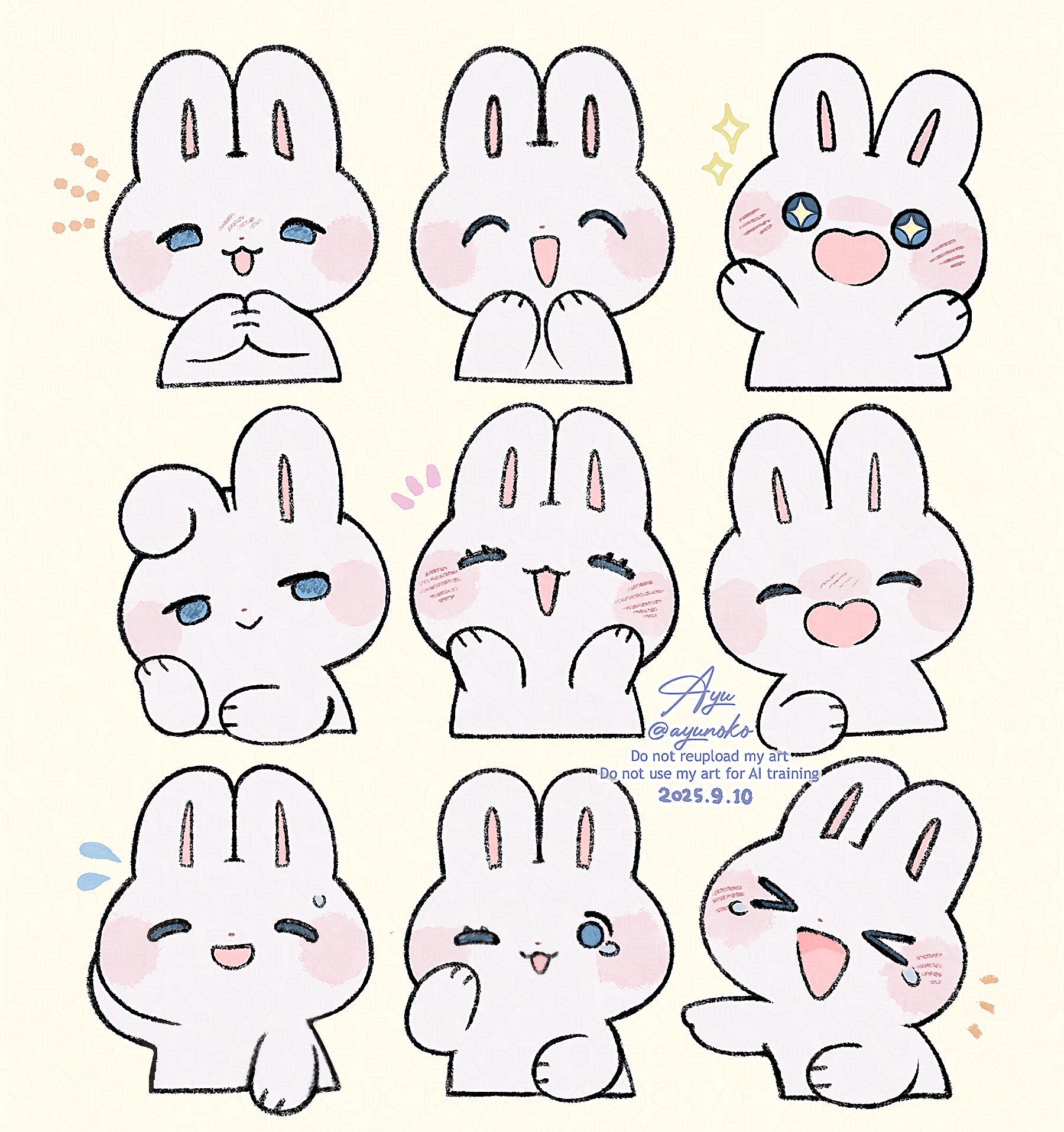 ayu (mog), original, commentary, english commentary, highres, > <, + +, :>, :3, :d, ;3, ;d, ^ ^, animal, animal focus, blush stickers, closed eyes, dated, flying sweatdrops, no humans, notice lines, one eye closed, open mouth, rabbit, signature, simple background, smile, sparkle, sweatdrop, teardrop, twitter username, watermark, xd, yellow background