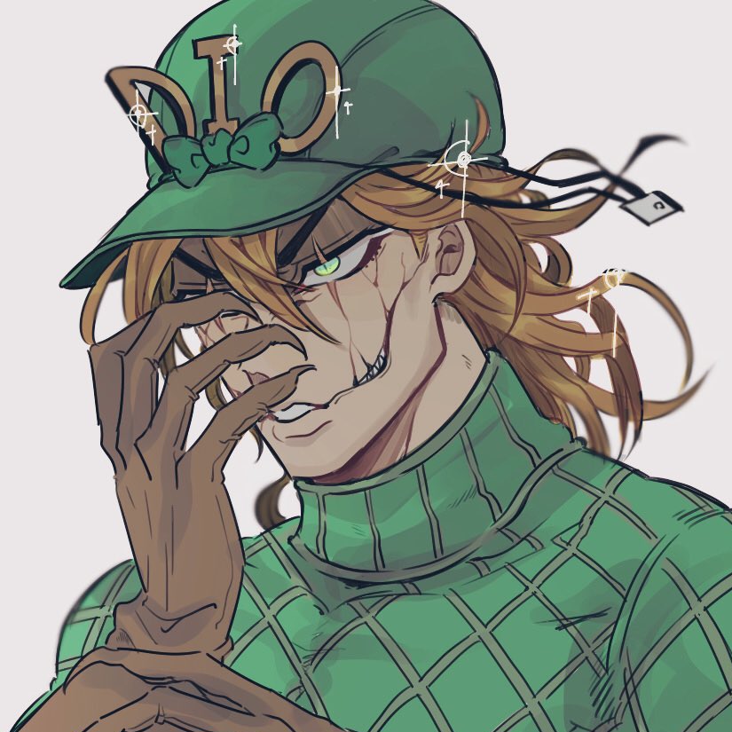 mutsuki (mutuki05), diego brando, jojo no kimyou na bouken, steel ball run, commentary request, 1boy, blonde hair, brown gloves, cracked skin, glasgow smile, gloves, green eyes, green hat, green sweater, hat, male focus, portrait, smile, solo, sparkle, sweater, turtleneck, turtleneck sweater