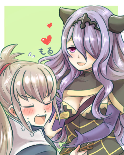 camilla (fire emblem), takumi (fire emblem), fire emblem, fire emblem fates, nintendo, 1boy, 1girl, assertive female, between breasts, blush, breasts, cleavage, closed eyes, feeding, fork, grey hair, hair over one eye, heart, older female and younger male, one eye covered, purple eyes, purple hair, simple background, strap between breasts, tiara