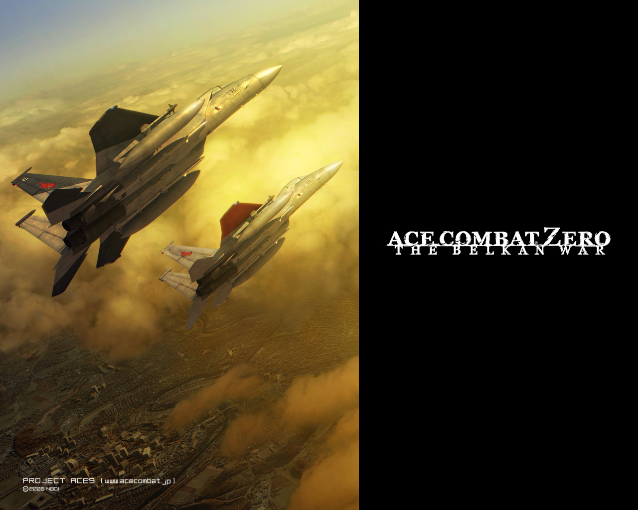 f-15, ace combat, ace combat zero, official art, battle, city, flying
