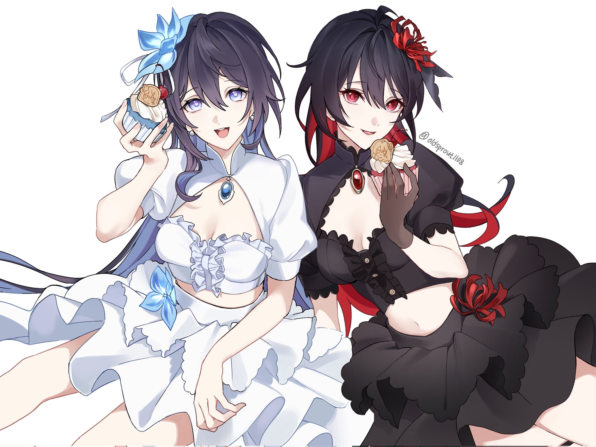 oldsprout1108, seele (alter ego), seele vollerei, seele vollerei (herrscher of rebirth), honkai (series), honkai impact 3rd, hashtag-only commentary, highres, 2girls, black corset, black gloves, black hair, black shrug, black skirt, blue eyes, blue hair, breasts, cleavage, colored inner hair, corset, cupcake, dress, dual persona, flower, food, gloves, hair flower, hair ornament, holding, holding food, looking at viewer, medium breasts, midriff, multicolored hair, multiple girls, navel, open mouth, red eyes, red hair, shrug (clothing), simple background, skirt, smile, twitter username, two-tone hair, white background, white dress