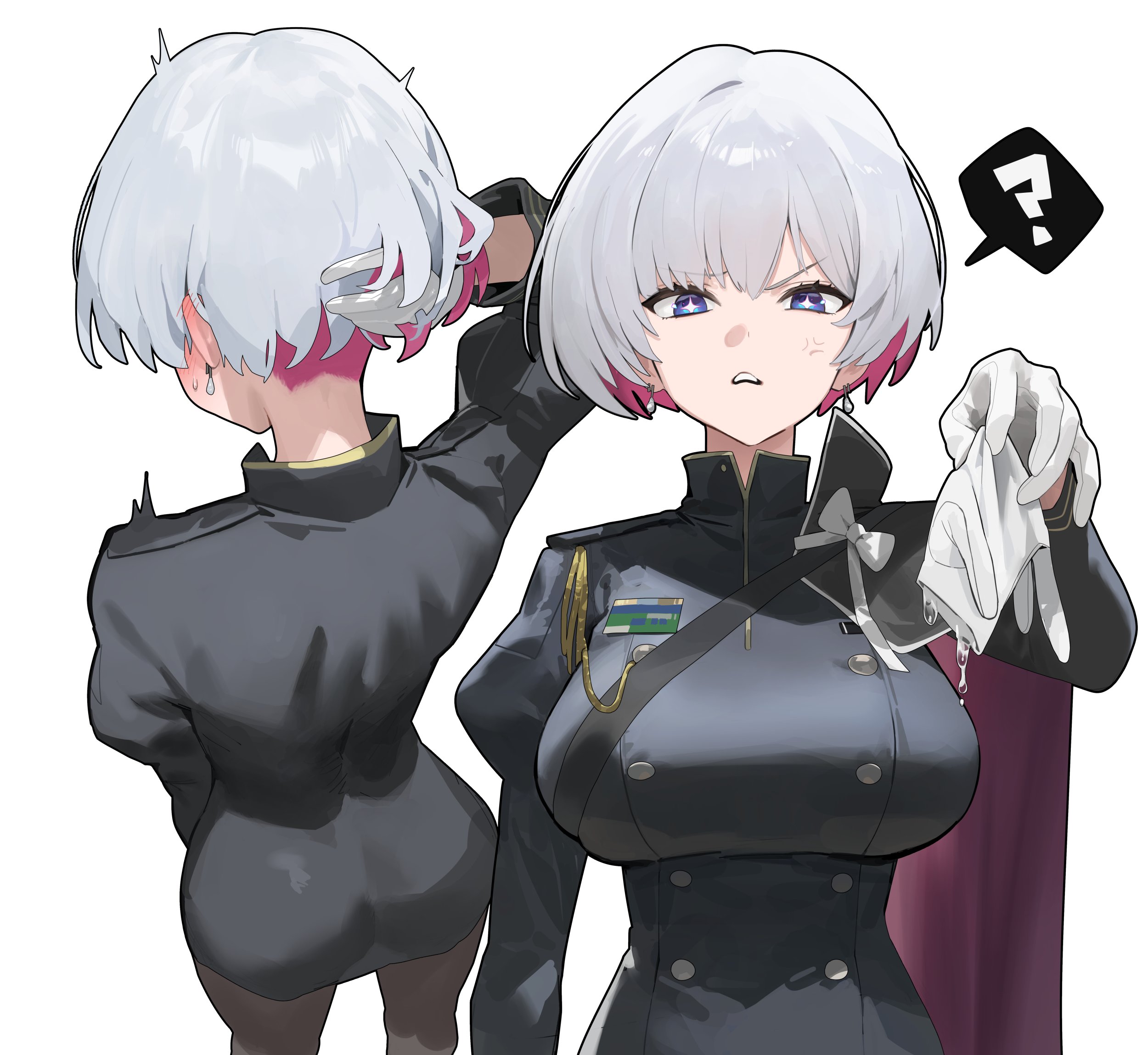 hood (james x), liliweiss (nikke), goddess of victory: nikke, commentary, highres, 1girl, ?, ass, black dress, black pantyhose, blue eyes, breasts, cross-shaped pupils, dress, epaulettes, gloves, large breasts, looking at viewer, multicolored hair, multiple views, pantyhose, pink hair, short hair, simple background, spoken question mark, symbol-shaped pupils, two-tone hair, white background, white gloves, white hair