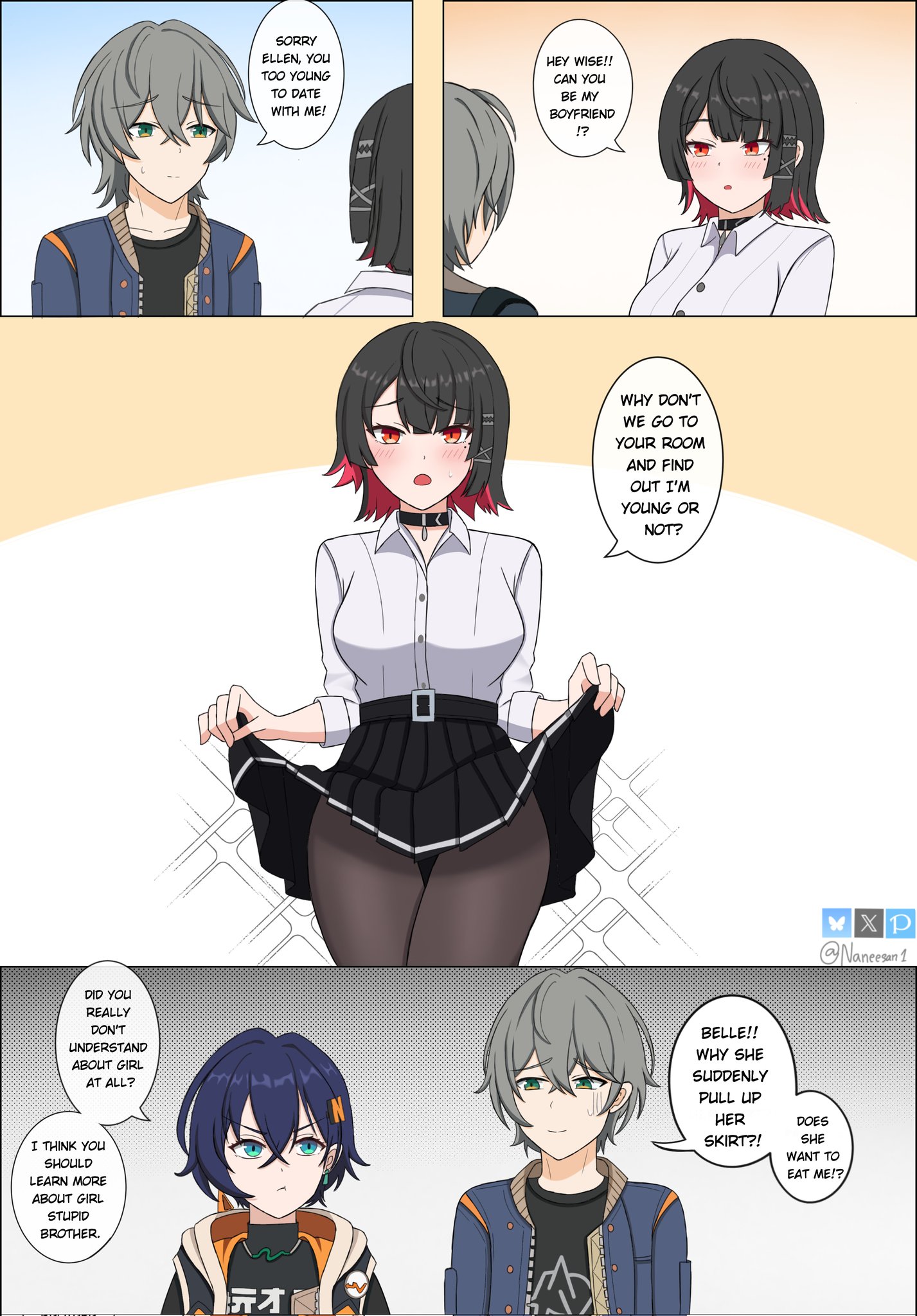 na (naneesan1), belle (zenless zone zero), ellen joe, ellen joe (on campus), wise (zenless zone zero), zenless zone zero, commentary, english commentary, highres, 1boy, 2girls, black hair, blue eyes, blue hair, blush, brother and sister, clothes lift, clueless, colored inner hair, english text, engrish text, green eyes, grey hair, mole, mole under eye, multicolored hair, multiple girls, ranguage, red eyes, red hair, right-to-left comic, short hair, siblings, skirt, skirt lift, speech bubble