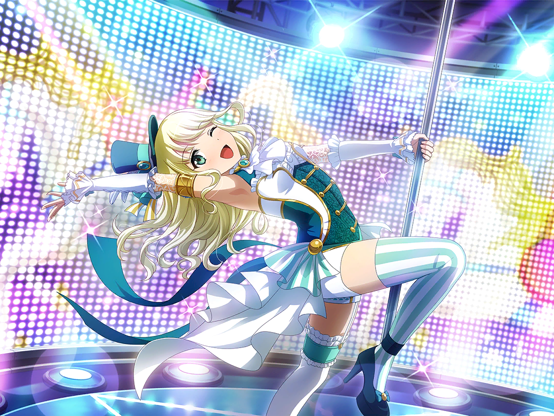 yumeoji shiori, shoujo kageki revue starlight, shoujo kageki revue starlight -re live-, game cg, official art, 1girl, aqua eyes, armpits, ascot, asymmetrical legwear, blonde hair, detached sleeves, green hat, green shoes, hat, high heels, long hair, looking at viewer, one eye closed, open mouth, pole, pole dancing, shoes, shorts, shorts under skirt, showgirl skirt, skirt, solo, stage lights, striped clothes, striped thighhighs, stripper pole, thigh strap, thighhighs, uneven legwear, upper body, white ascot, white shorts, white skirt, white sleeves, white thighhighs