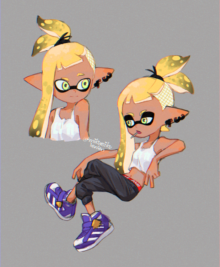 ariamikukanzaki, veronika (splatoon), nintendo, splatoon (series), splatoon 3, commentary, 1girl, asymmetrical hair, black hair, black pants, blonde hair, blue shoes, breasts, crop top, crossed legs, earrings, eyebrow cut, gradient hair, green eyes, high ponytail, inkling, jewelry, lollipop in mouth, midriff, multicolored hair, navel, pants, ponytail, shoes, sidecut, single earring, sitting, small breasts, sneakers, tan, tank top, tentacle hair, undercut, white tank top