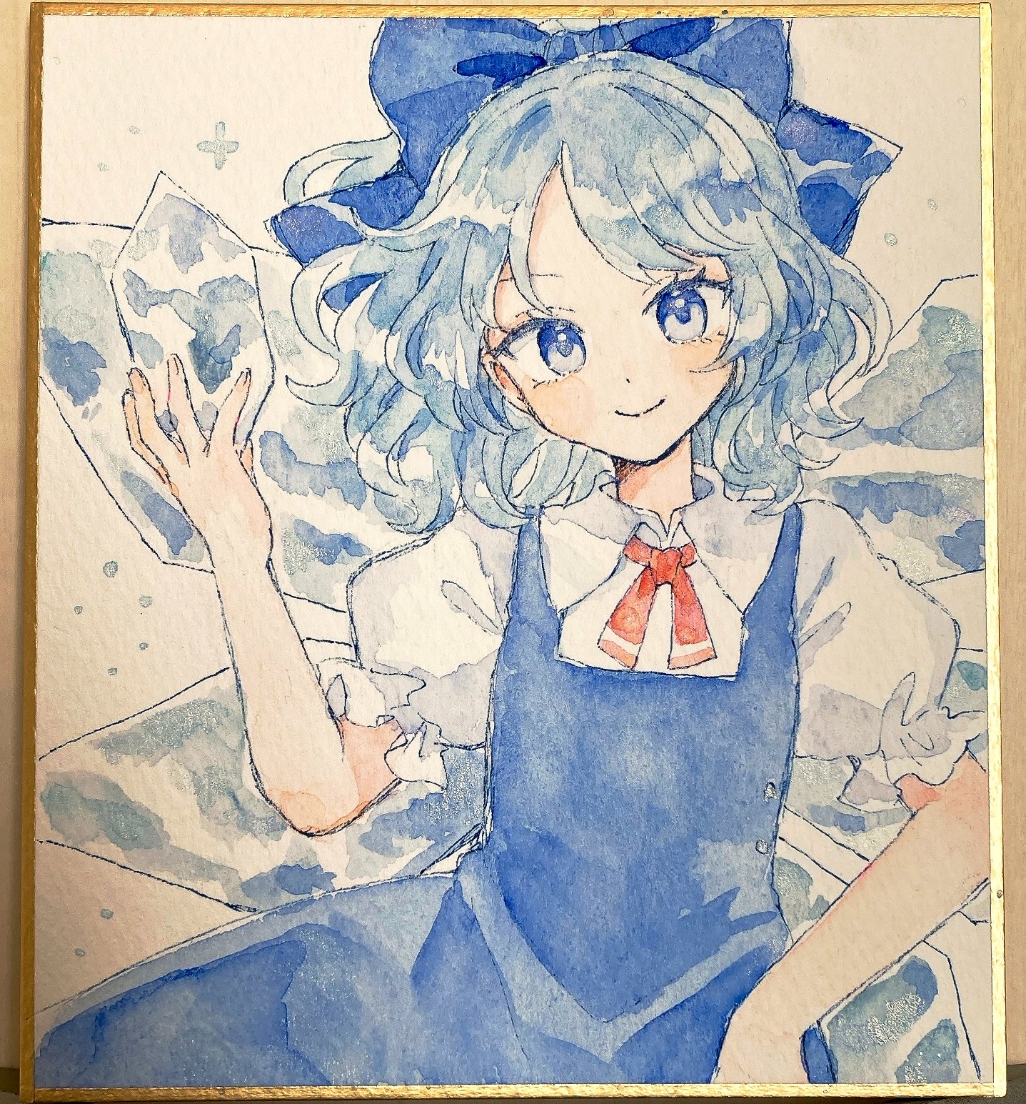 mozukuzu (manukedori), cirno, touhou, commentary request, highres, traditional media, 1girl, blue bow, blue dress, blue eyes, blue hair, bow, closed mouth, collared shirt, dress, hair bow, ice, ice wings, looking at viewer, neck ribbon, pinafore dress, red ribbon, ribbon, shirt, short hair, short sleeves, sleeveless, sleeveless dress, smile, solo, white background, white shirt, wings