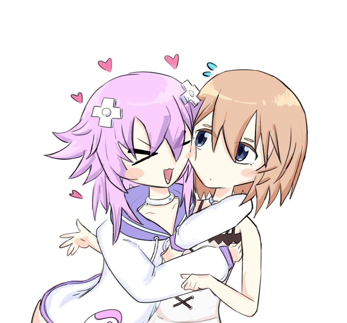 blanc (neptunia), neptune (neptunia), neptune (series), 2girls, arms around neck, blue eyes, blush, brown hair, choker, d-pad, d-pad hair ornament, dress, expressionless, hair between eyes, hair ornament, hug, long sleeves, looking at another, multiple girls, open mouth, purple hair, short hair, simple background, sleeveless, sleeveless dress, smile, white background, white choker, white dress, ymymymymymym0, yuri