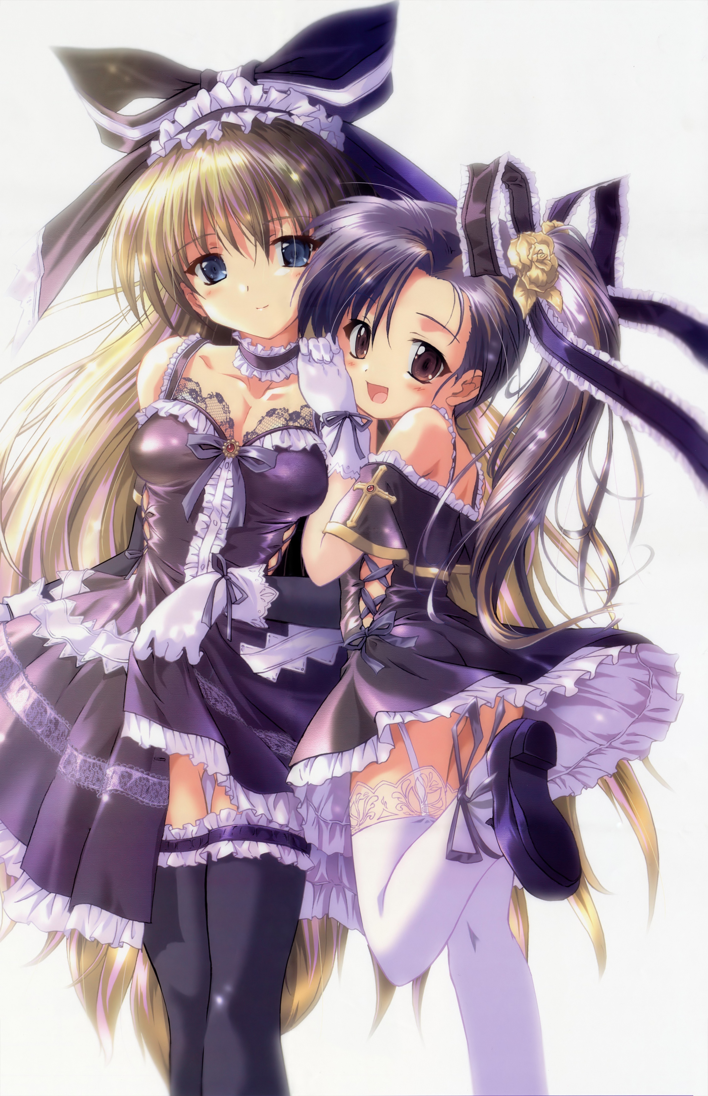 komatsu eiji, frilled legwear, lace-trimmed legwear, absurdres, highres, 2girls, blonde hair, blue eyes, blue hair, bow, clothes lift, dress, dress lift, elbow gloves, garter straps, gloves, hair bow, hair ribbon, lace, lace trim, long hair, multiple girls, ponytail, red eyes, ribbon, thigh gap, thighhighs, thighs, white gloves