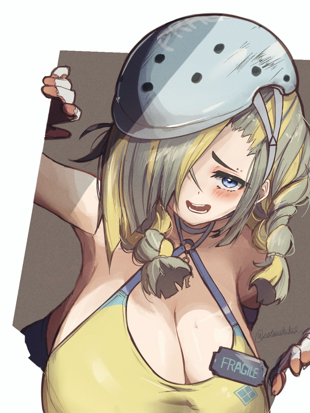 sata (satawahaha), fragile (nikke), goddess of victory: nikke, commentary request, highres, 1girl, blonde hair, blue eyes, braid, breasts, character name, cleavage, grey hair, hair over one eye, hanging breasts, hard hat, helmet, huge breasts, jewelry, key, key necklace, long hair, looking at viewer, low twin braids, mole, mole above eye, multicolored hair, necklace, o-ring, o-ring top, open mouth, simple background, sleeveless, solo, streaked hair, tank top, twin braids, two-tone hair, white background, yellow tank top