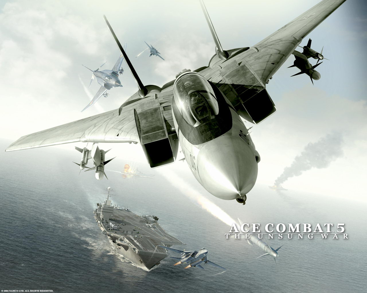 f-14, f-4, f-4 phantom ii, ace combat, ace combat 5, official art, aerial battle, aircraft carrier, battle, dogfight, flying, military, military vehicle, missile, nimitz class aircraft carrier, ship, wardog squadron, warship, watercraft