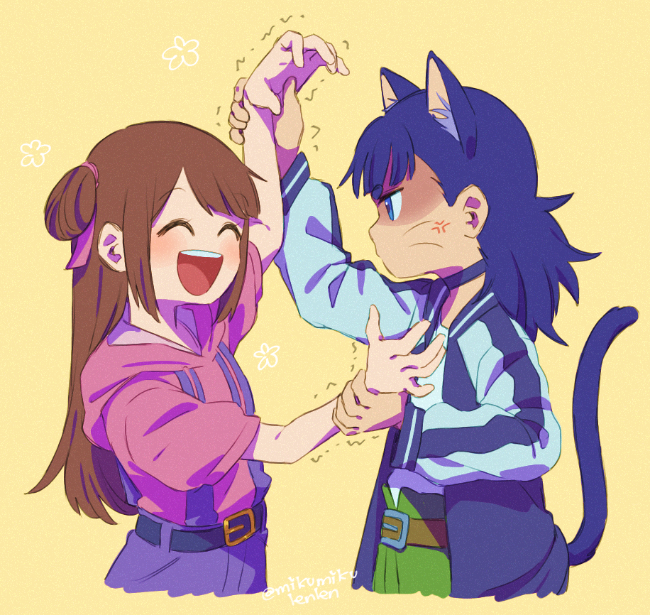 ariamikukanzaki, nezha (the legend of luoxiaohei), luo xiaohei zhanji, nezha zhi motong jiangshi, commentary, 1boy, 1girl, aged up, anger vein, animal ears, black choker, black jacket, blue eyes, blue hair, brown hair, cat boy, cat ears, cat tail, choker, closed eyes, crossover, hair down, hair ribbon, holding another's wrist, hood, hoodie, jacket, jianzi girl (nezha zhi motong jiangshi), long hair, pink hoodie, ribbon, signature, tail, the legend of hei, twitter username, two side up, whiskers