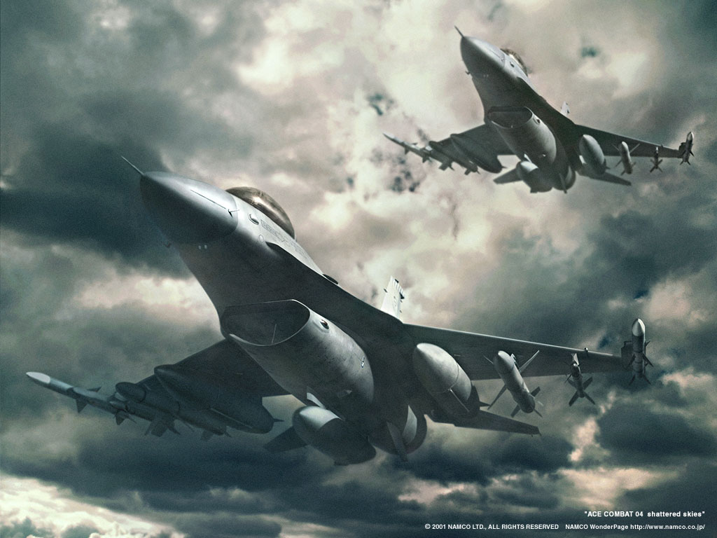 f-16, ace combat, ace combat 04, jet, official art, tagme, aircraft, airplane, external fuel tank, flying, missile
