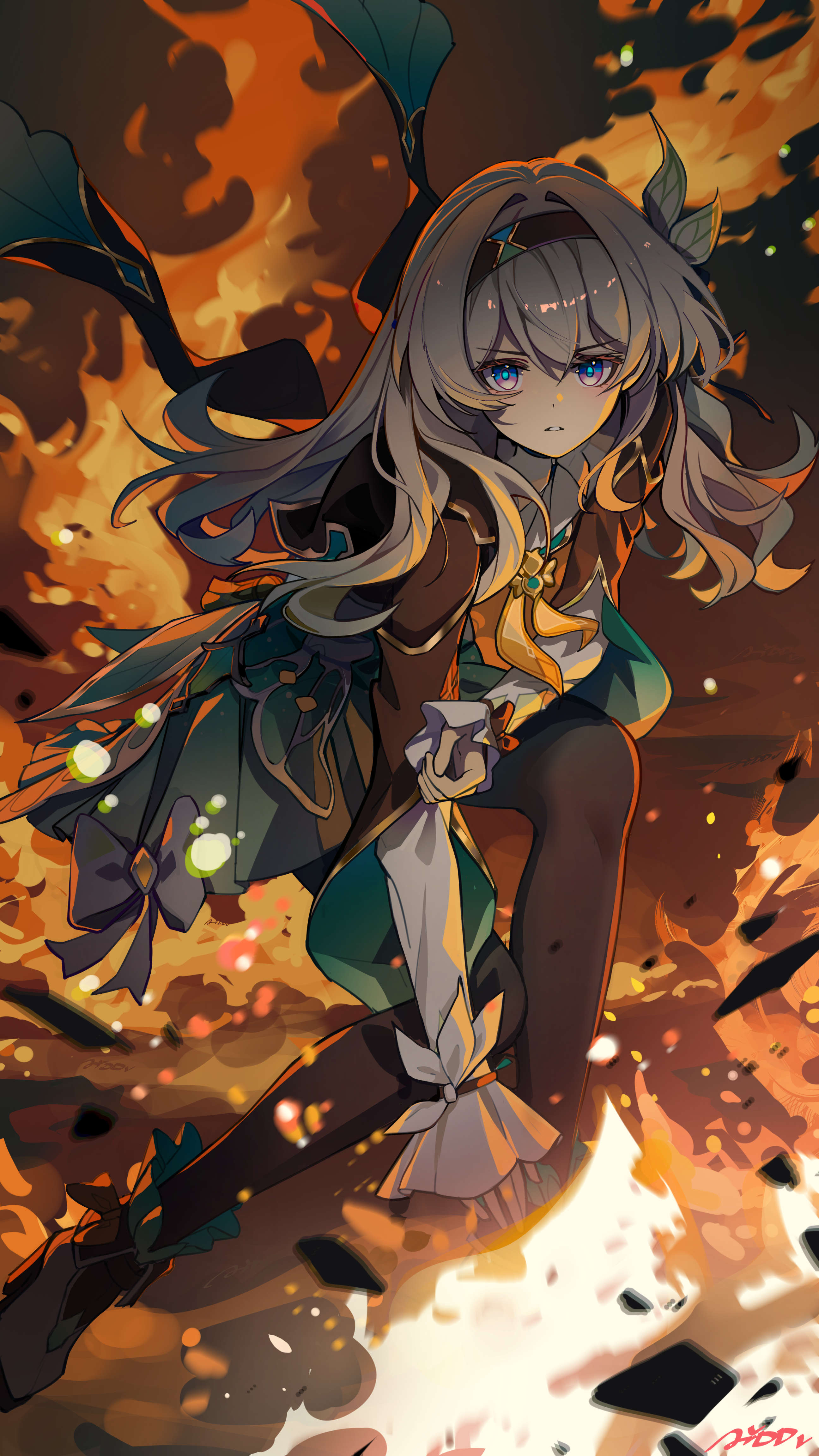 ai dongdong, firefly (honkai: star rail), honkai: star rail, honkai (series), absurdres, chinese commentary, commentary request, highres, 1girl, black hairband, black jacket, black thighhighs, blue eyes, blue pupils, fire, green skirt, grey hair, hairband, jacket, long hair, long sleeves, looking at viewer, multicolored eyes, parted lips, purple eyes, skirt, solo, thighhighs, two-tone eyes