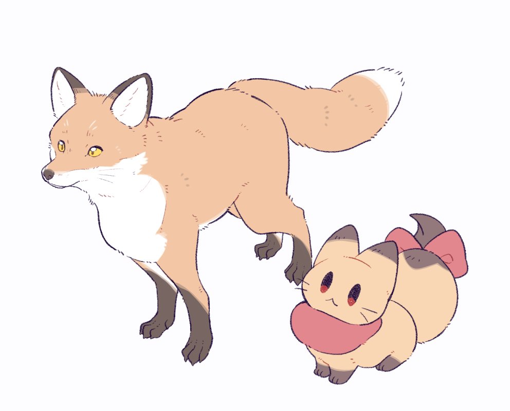 suzuno (suzuno3110), original, :<, animal, animal focus, bow, chibi, closed mouth, fox, full body, no humans, red bow, red eyes, simple background, tail, tail bow, tail ornament, whiskers, white background, yellow eyes