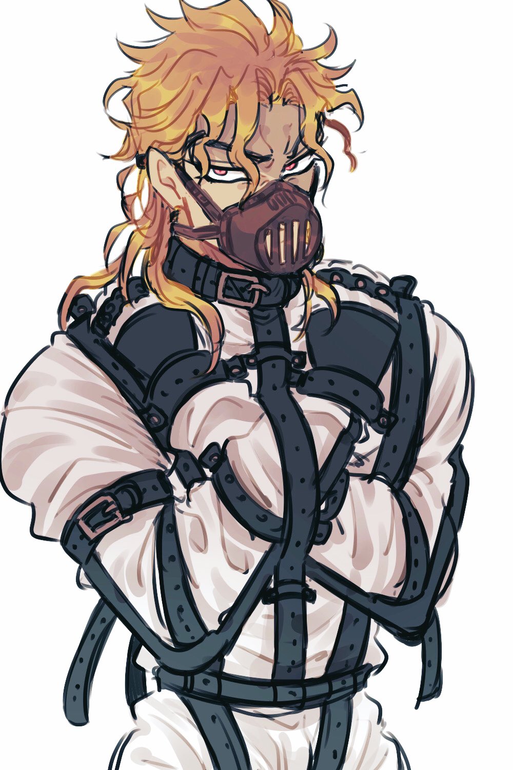 mutsuki (mutuki05), dio brando, jojo no kimyou na bouken, phantom blood, commentary request, highres, 1boy, black collar, blonde hair, collar, male focus, mismatched eyebrows, muzzle (mask), red eyes, restrained, solo, straitjacket, upper body