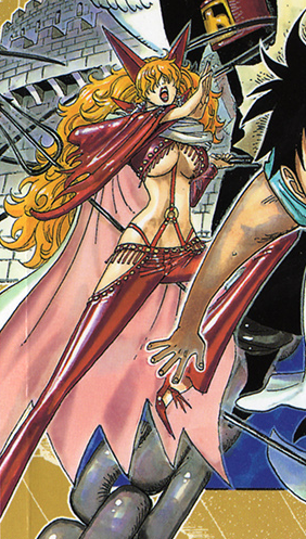 sadi-chan, one piece, lowres, blonde hair, cape, curly hair, hair over eyes, horns, impel down, lipstick, makeup, orange hair