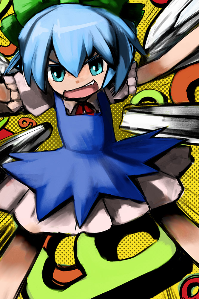 hirosato, cirno, touhou, touhou hisoutensoku, 1girl, :d, blue eyes, blue hair, fang, female focus, fighting stance, full body, looking at viewer, matching hair/eyes, open mouth, smile, solo, stained glass, standing, teeth, tooth