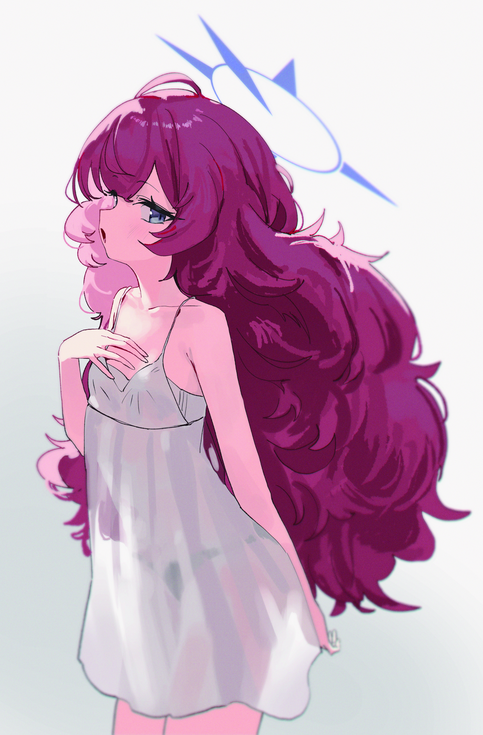 dan nako, iroha (blue archive), blue archive, fluffy hair, absurdres, bad id, bad pixiv id, commentary request, highres, 1girl, alternate costume, arm behind back, bare arms, bare shoulders, blue eyes, blue halo, breasts, dress, from side, halo, looking at viewer, open mouth, panties visible through clothes, red hair, sleeveless, sleeveless dress, small breasts, solo, white dress