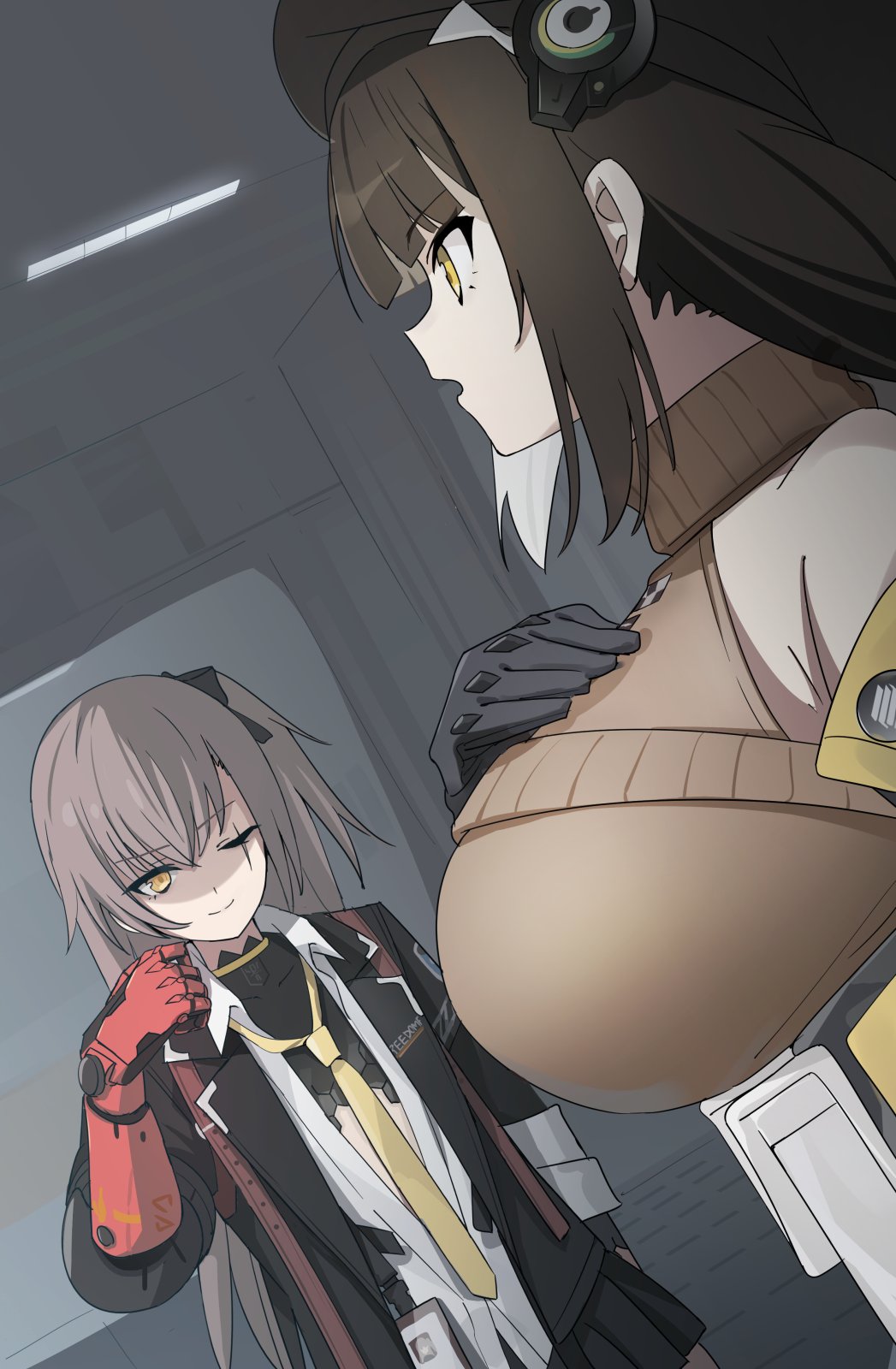 drum (acta2436), leva (girls' frontline 2), ro635 (girls' frontline), robella (girls' frontline 2), ump45 (girls' frontline), girls' frontline, girls' frontline 2: exilium, commentary request, highres, 2girls, black gloves, black jacket, breast conscious, breasts, brown hair, closed mouth, collared shirt, dress shirt, flat chest, gloves, hand on own chest, id card, indoors, jacket, large breasts, long hair, loose necktie, mechanical arms, multicolored hair, multiple girls, necktie, one eye closed, one side up, open clothes, open jacket, open mouth, partially unbuttoned, prosthesis, prosthetic arm, shaded face, shirt, single mechanical arm, streaked hair, two-tone hair, white shirt, yellow eyes, yellow necktie