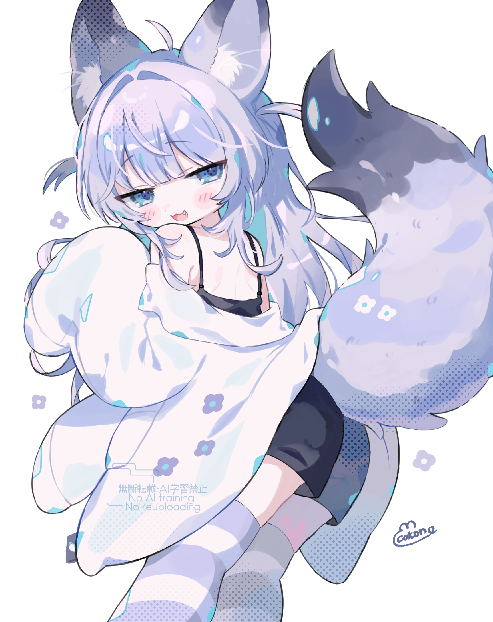 cotono (nazekun), original, commentary request, highres, 1girl, :3, :d, ahoge, animal ear fluff, animal ears, bare shoulders, black camisole, black shorts, blue eyes, blunt bangs, blush stickers, camisole, dot nose, fang, feet out of frame, fox ears, fox girl, fox tail, from behind, hand up, lab coat, long hair, long sleeves, looking at viewer, off shoulder, open mouth, purple hair, purple thighhighs, shorts, signature, simple background, sleeveless, sleeves past fingers, sleeves past wrists, smile, solo, spaghetti strap, standing, striped clothes, striped thighhighs, tail, thighhighs, two side up, watermark, white background