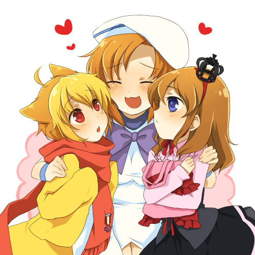 meimone, ryuuguu rena, sakutarou (umineko), ushiromiya maria, higurashi no naku koro ni, umineko no naku koro ni, lowres, 00s, 1boy, 2girls, androgynous, animal ears, blonde hair, blue eyes, brown hair, child, company connection, creator connection, crossover, crown, hat, heart, hug, in-franchise crossover, multiple girls, orange hair, red eyes, scarf, take it home