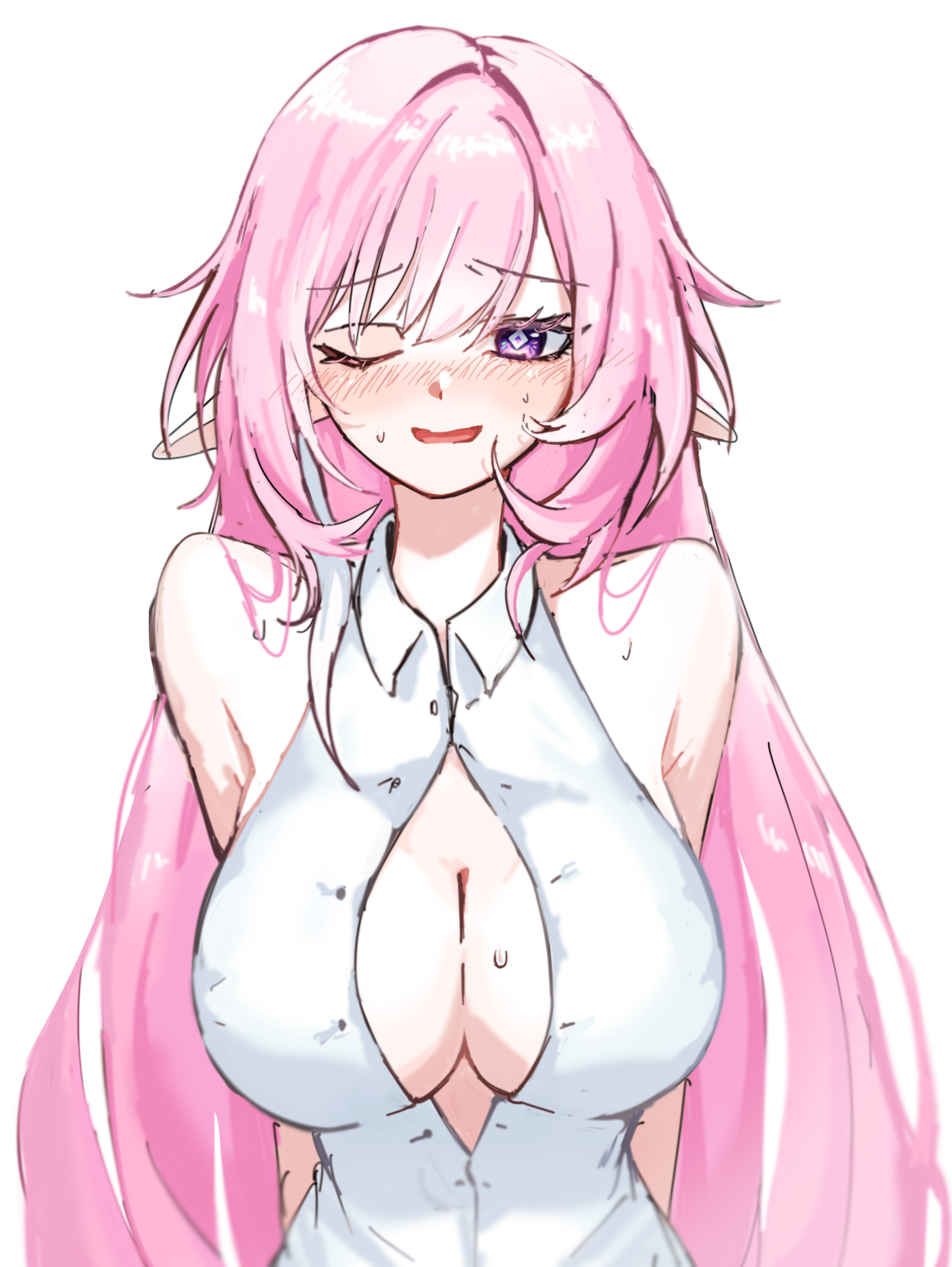 cyrene (honkai: star rail), honkai: star rail, honkai (series), absurdres, commentary, english commentary, highres, 1girl, alternate costume, blush, breasts, cleavage, cyrene (demiurge) (honkai: star rail), diamond-shaped pupils, diamond (shape), dress, long hair, maengkkong-i, medium hair, one eye closed, parted lips, pink hair, pointy ears, purple eyes, simple background, solo, symbol-shaped pupils, very long hair, white background, white dress