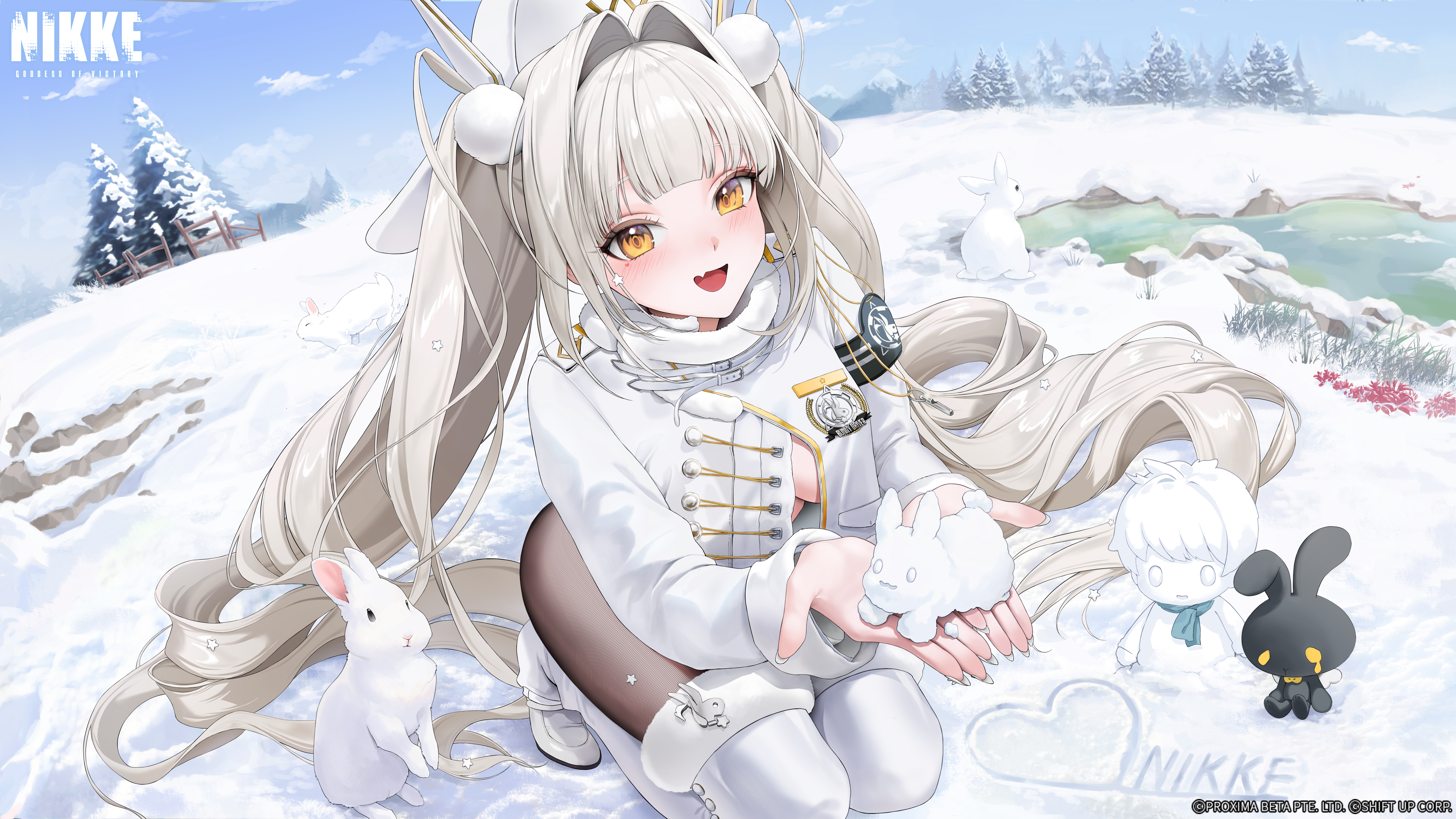 dora (garyeong), blanc (fortune express) (nikke), blanc (nikke), commander (nikke), goddess of victory: nikke, character snowman, absurdres, commentary request, highres, 1girl, black pantyhose, boots, breasts, cleavage, day, hair intakes, hair spread out, hat, jacket, long hair, long sleeves, looking at viewer, medium breasts, mole, mole under eye, open mouth, outdoors, pantyhose, rabbit, smile, snow, snow rabbit, snow sculpture, solo, squatting, thigh boots, thighhighs, tree, twintails, very long hair, white boots, white hair, white hat, white jacket, white thighhighs, yellow eyes