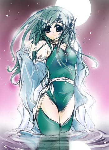 rydia (ff4), final fantasy, final fantasy iv, lowres, 1990s (style), bare shoulders, green hair, hair ornament, moon, night, ripples, thighhighs, water