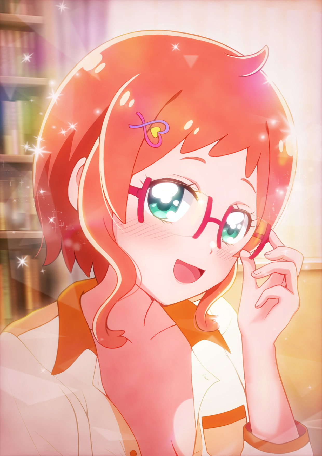 asukamama89, inukai iroha, toyama satoru, precure, wonderful precure!, commentary, highres, 1girl, :d, adjusting eyewear, aqua eyes, blush, bookshelf, borrowed clothes, breast pocket, breasts, cleavage, collarbone, collared shirt, cosplay, cowlick, curled fingers, curtains, glasses, hair ornament, hairclip, hand up, heart, heart hair ornament, indoors, lips, long sleeves, looking at viewer, multicolored shirt, open clothes, open mouth, open shirt, orange hair, orange shirt, pocket, portrait, red-framed eyewear, shirt, short hair with long locks, small breasts, smile, solo, sparkle, toyama satoru (cosplay), two-tone shirt, white shirt