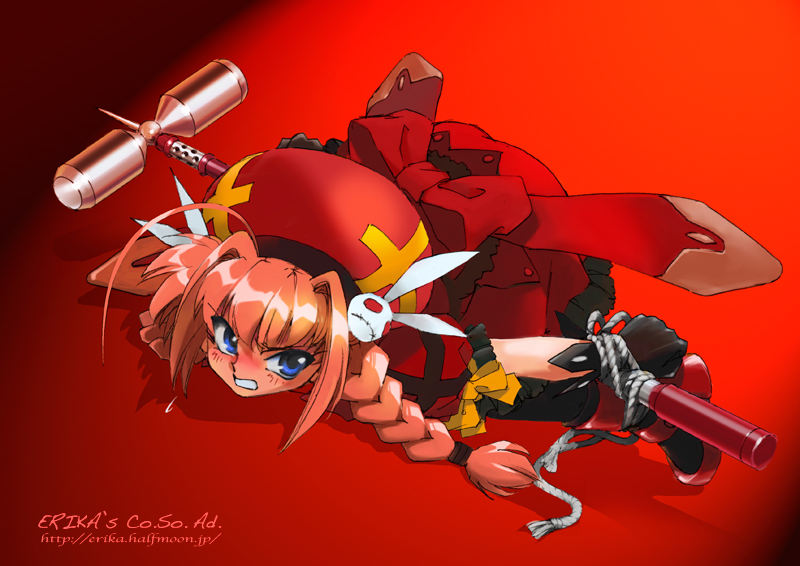 shibata masahiro, graf eisen, vita (nanoha), lyrical nanoha, mahou shoujo lyrical nanoha, mahou shoujo lyrical nanoha a's, 00s, 1girl, ahoge, bdsm, blue eyes, bondage, bound, braid, brown hair, clenched teeth, dress, female focus, gloves, hat, red dress, red theme, rope, solo, spreader bar, teeth, top-down bottom-up, wrists to ankles