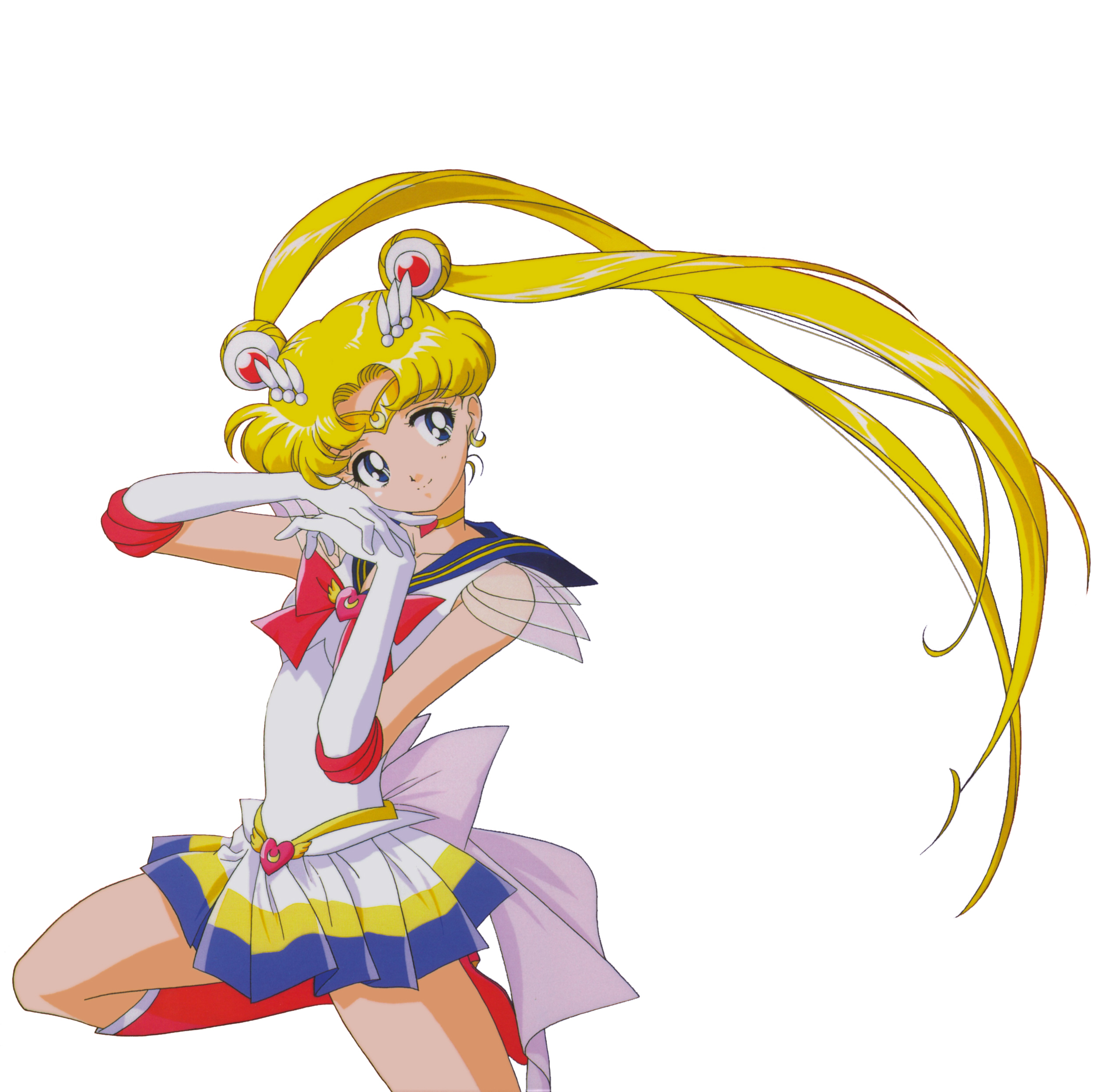 itou ikuko, sailor moon, super sailor moon, tsukino usagi, bishoujo senshi sailor moon, bishoujo senshi sailor moon supers, absurdres, highres, official art, scan, 1990s (style), 1girl, blonde hair, blue eyes, blue sailor collar, bow, brooch, choker, double bun, earrings, elbow gloves, female focus, gloves, hair bun, heart, heart brooch, jewelry, long hair, multicolored skirt, red bow, retro artstyle, sailor collar, school uniform, skirt, smile, solo, tiara, twintails, white gloves