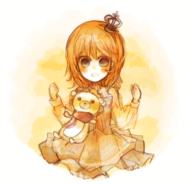 sakutarou (umineko), ushiromiya maria, umineko no naku koro ni, 00s, 1girl, crown, female focus, orange hair, solo, stuffed animal, stuffed lion, stuffed toy
