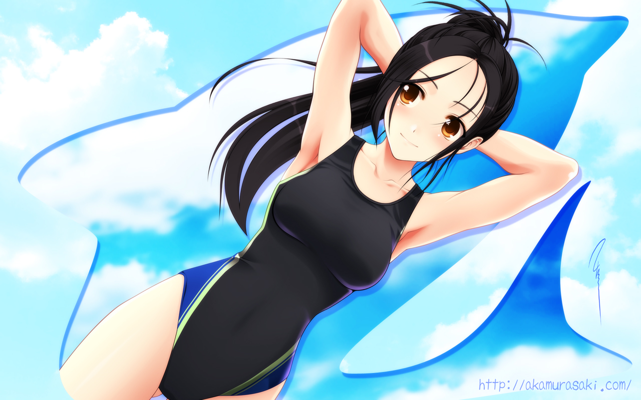 aizawa kotarou, bad id, bad pixiv id, 1girl, armpits, arms behind head, arms up, black hair, breasts, cloud, competition swimsuit, day, dutch angle, female focus, long hair, one-piece swimsuit, orange eyes, outdoors, ponytail, sky, solo, swimsuit
