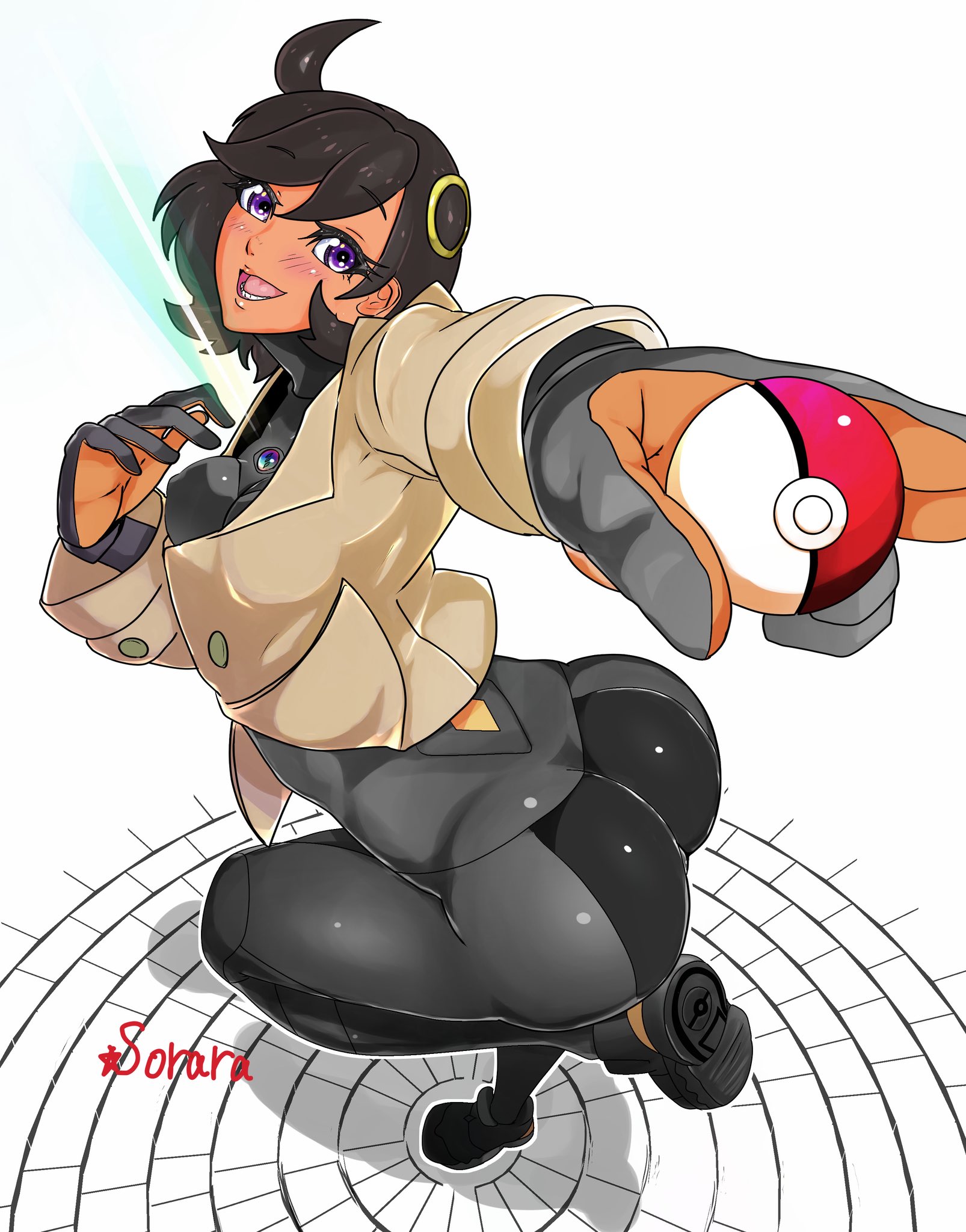 sorara, emma (pokemon), nintendo, pokemon, pokemon legends: z-a, 1girl, ass, black hair, bodysuit, breasts, covered erect nipples, dark-skinned female, dark skin, gloves, lower teeth only, poke ball, purple eyes, shoes, short hair, standing, standing on one leg, teeth