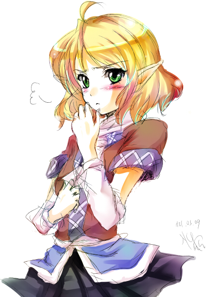 sen hisame, mizuhashi parsee, touhou, 1girl, ahoge, blonde hair, blush, female focus, green eyes, simple background, solo, standing, white background