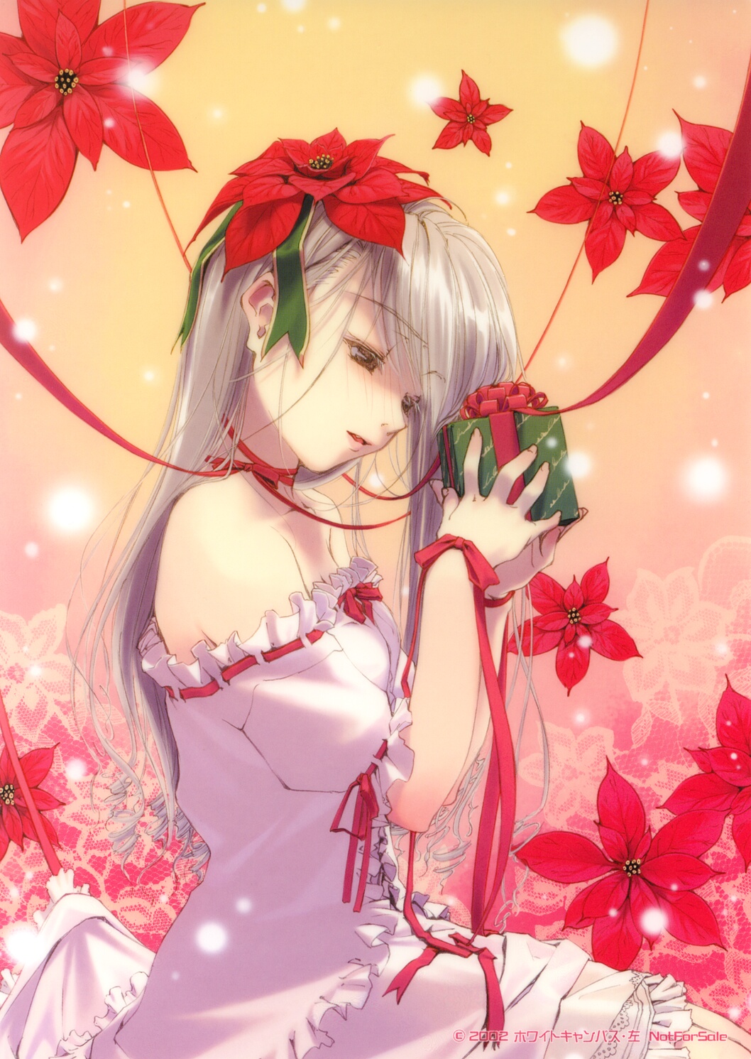 hidari (left side), silver hair, highres, 1girl, blush, bow, brown eyes, christmas, dress, female focus, flower, frills, gift, hair bow, long hair, off shoulder, open mouth, poinsettia, ribbon, ribbon-trimmed dress, ribbon trim, solo, white canvas