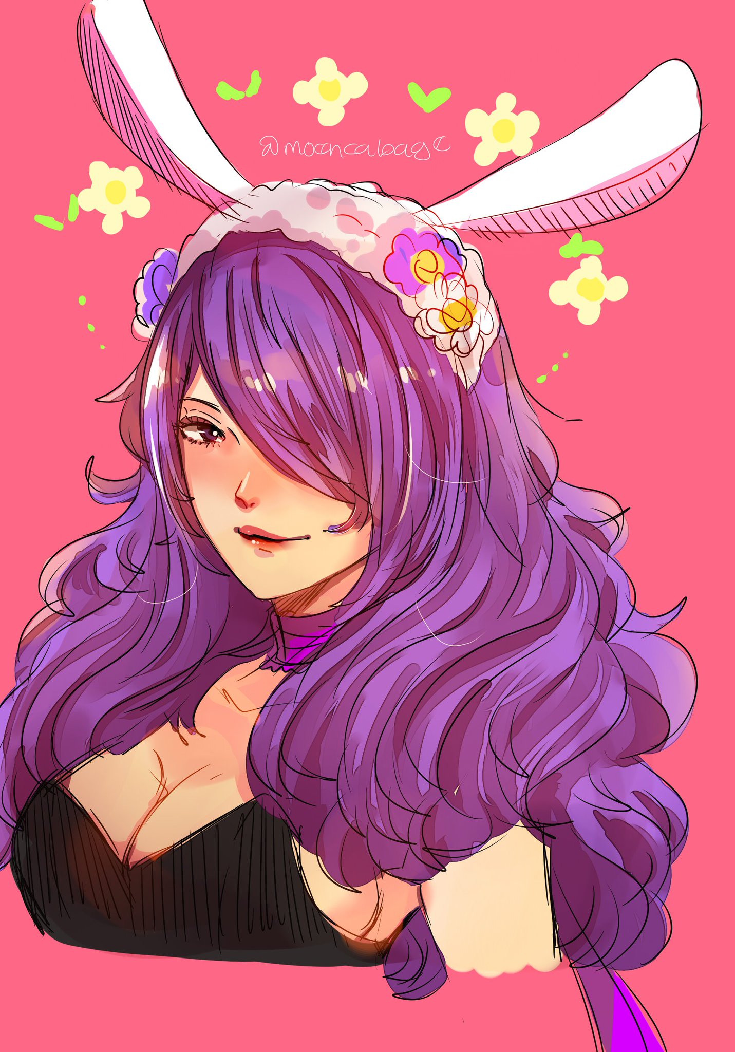 fire emblem, fire emblem fates, nintendo, 1girl, breasts, choker, cleavage, flower, hair over one eye, long hair, looking at viewer, moencabbage, one eye covered, purple eyes, purple hair, rabbit ears, sideboob, simple background, solo, wavy hair