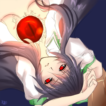 sen hisame, reiuji utsuho, touhou, lowres, 1girl, black hair, breasts, eye focus, female focus, red eyes, solo, upper body
