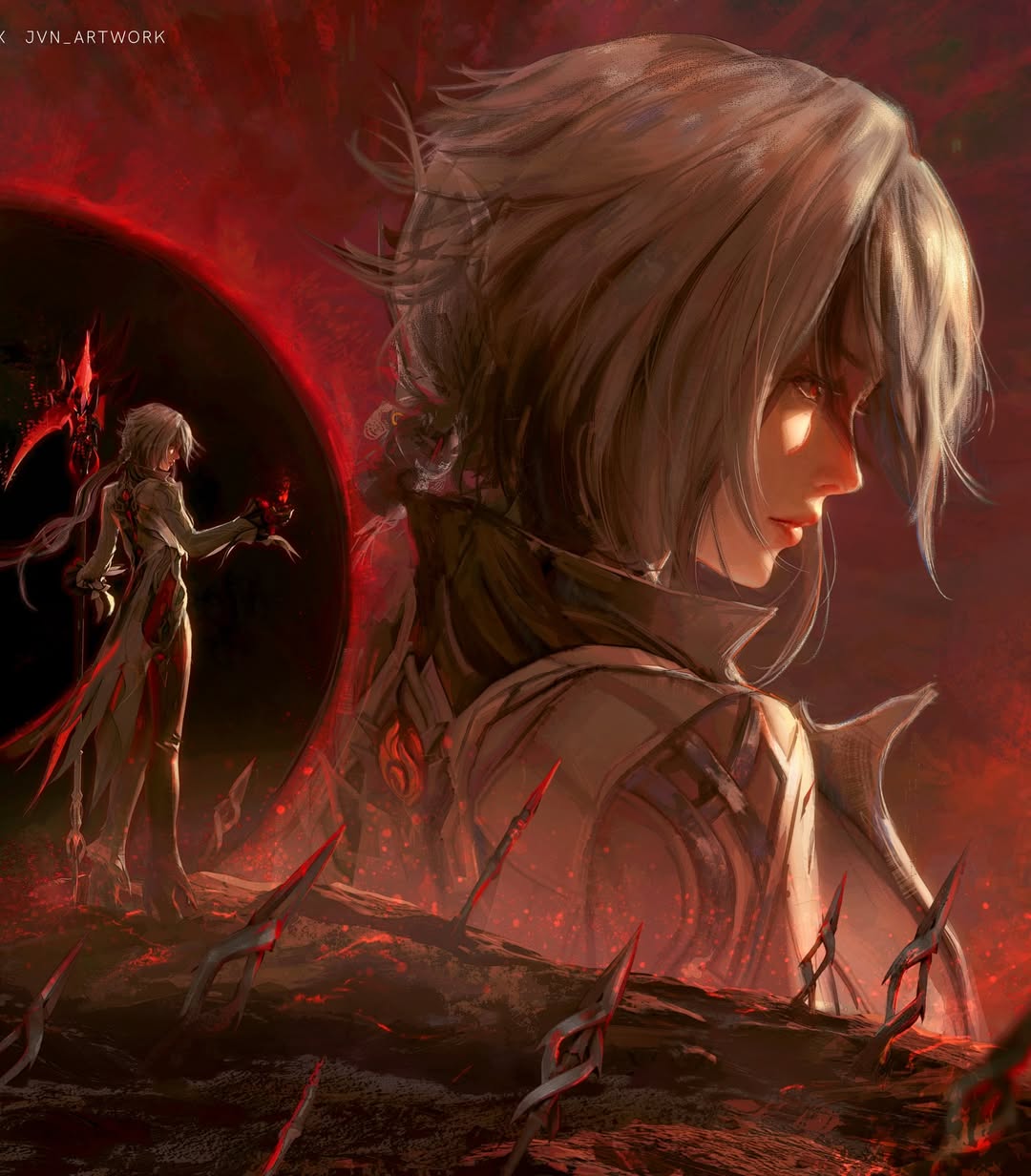 jvn, arlecchino (genshin impact), genshin impact, highres, 1girl, artist name, black hair, black pants, black shoes, closed mouth, coat, crimson moon's semblance (genshin impact), grey coat, grey hair, holding, holding polearm, holding scythe, holding weapon, long hair, missing commentary, multicolored hair, pants, polearm, red eyes, red pupils, scythe, shoes, solo, standing, streaked hair, symbol-shaped pupils, two-tone hair, weapon, zoom layer