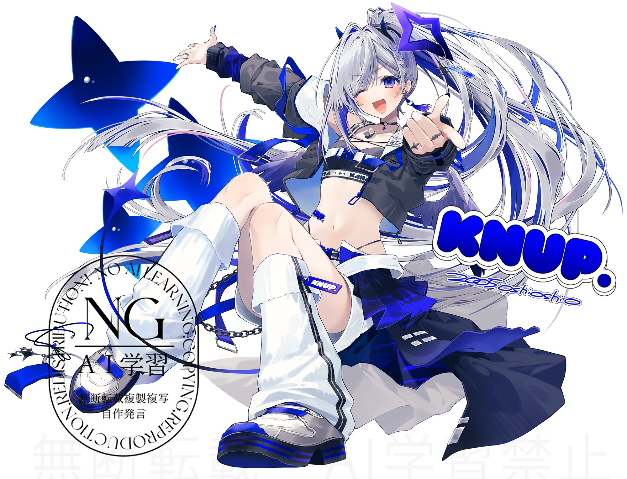 oshioshio, amane kanata, amane kanata (lock on), hololive, commentary, highres, symbol-only commentary, 1girl, ;d, angel wings, arm up, black jacket, black sports bra, blue hair, blue wings, braid, choker, colored inner hair, criss-cross straps, cropped jacket, earrings, fake horns, feathered wings, full body, gradient wings, grey hair, halo, highleg, highleg panties, horns, jacket, jewelry, long hair, looking at viewer, mini wings, multicolored hair, multicolored wings, multiple rings, navel, o-ring, o-ring choker, official alternate costume, official artist extra, one eye closed, open mouth, outstretched arms, panties, panty straps, pink streaks, ponytail, purple eyes, ribbed leg warmers, ring, shoes, shorts, side braid, simple background, smile, solo, sports bra, star halo, sticker on stomach, stomach, streaked hair, swept bangs, tilted halo, underwear, very long hair, virtual youtuber, watermark, white background, white shoes, white shorts, white wings, wings