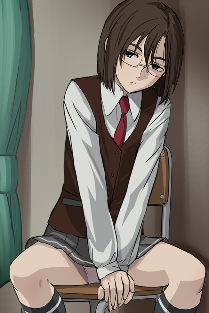 haruyama kazunori, murakami ginko, kure-nai, kurenai, eyebrows, looking away, 00s, 1girl, between legs, black socks, brown eyes, brown hair, chair, closed mouth, female focus, glasses, hand between legs, indoors, kneehighs, long sleeves, necktie, on chair, own hands together, panties, pantyshot, pleated skirt, school uniform, short hair, sitting, skirt, socks, solo, spread legs, underwear, upskirt, vest
