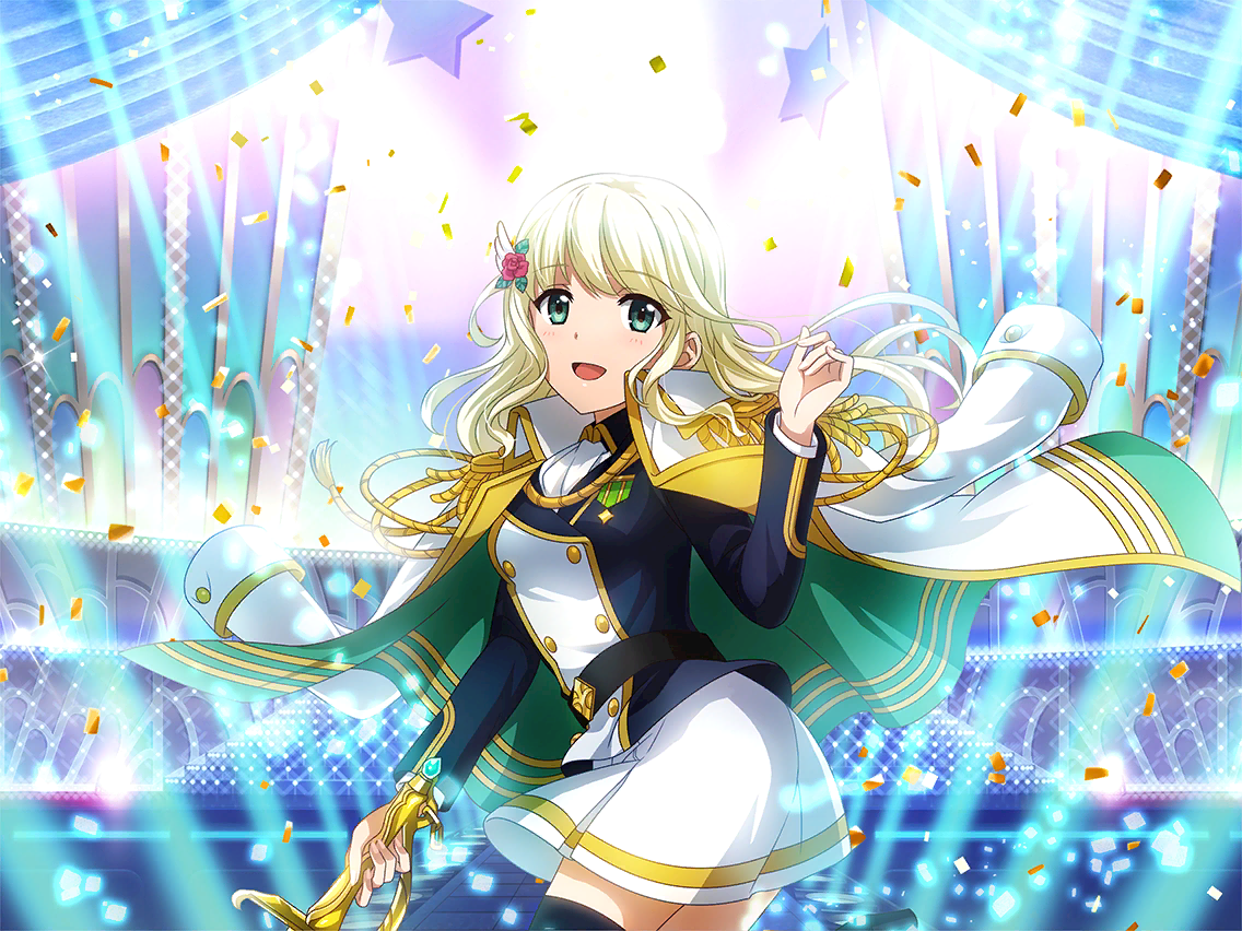 yumeoji shiori, shoujo kageki revue starlight, shoujo kageki revue starlight -re live-, game cg, official art, 1girl, black jacket, blonde hair, confetti, epaulettes, green eyes, hair ornament, holding, holding sword, holding weapon, jacket, jacket on shoulders, long sleeves, looking at viewer, open mouth, skirt, solo, stage lights, standing, swept bangs, sword, upper body, wavy hair, weapon, white jacket, white skirt