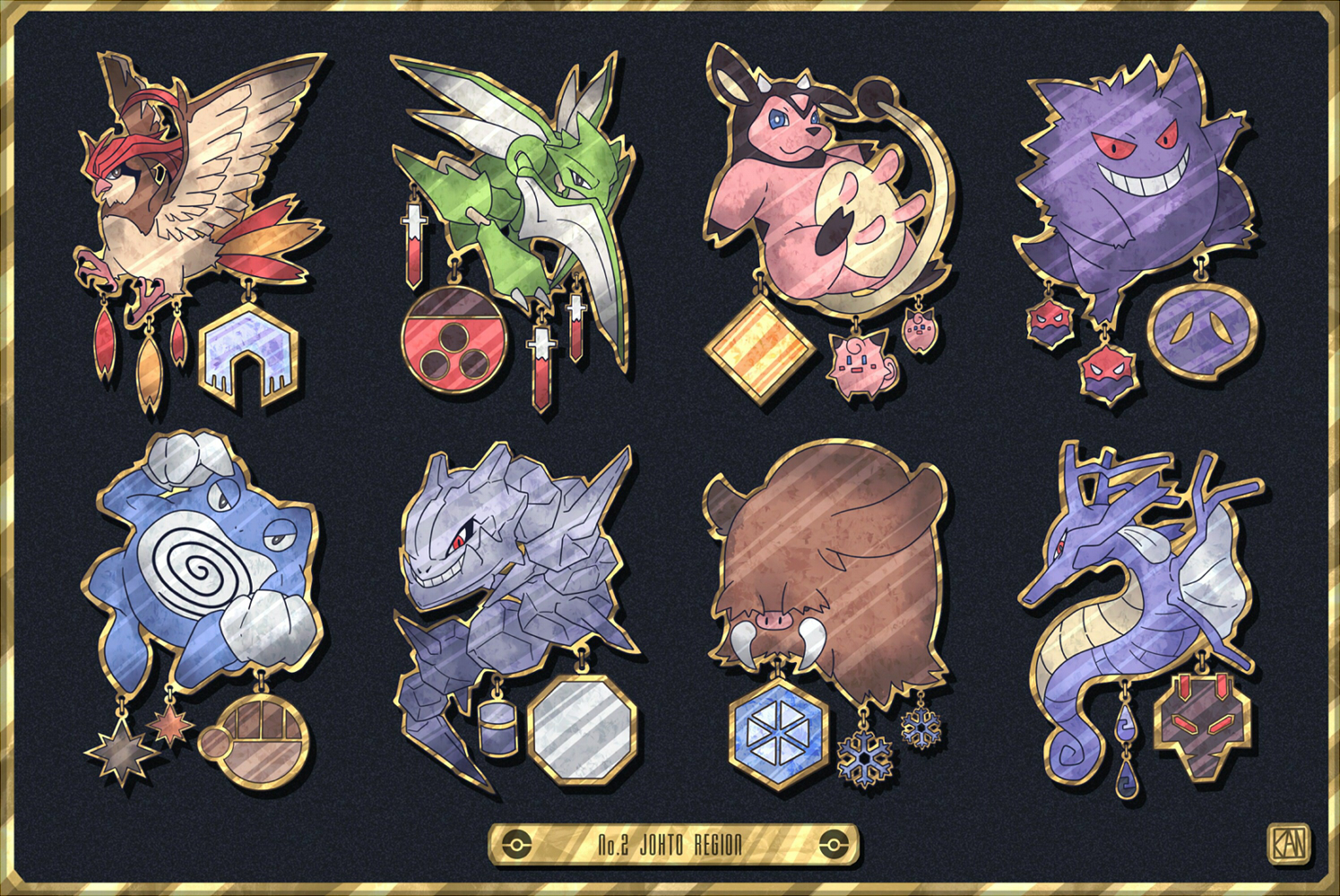 kanna (kan419 k), clefairy, gengar, kingdra, miltank, pidgeotto, piloswine, poliwrath, scyther, steelix, nintendo, pokemon, pokemon gsc, commentary request, badge, badge (pokemon), black background, character charm, charm (object), english text, fog badge, gen 1 pokemon, gen 2 pokemon, glacier badge, gold border, hive badge, mineral badge, plain badge, poke ball symbol, pokemon (creature), rising badge, storm badge, zephyr badge