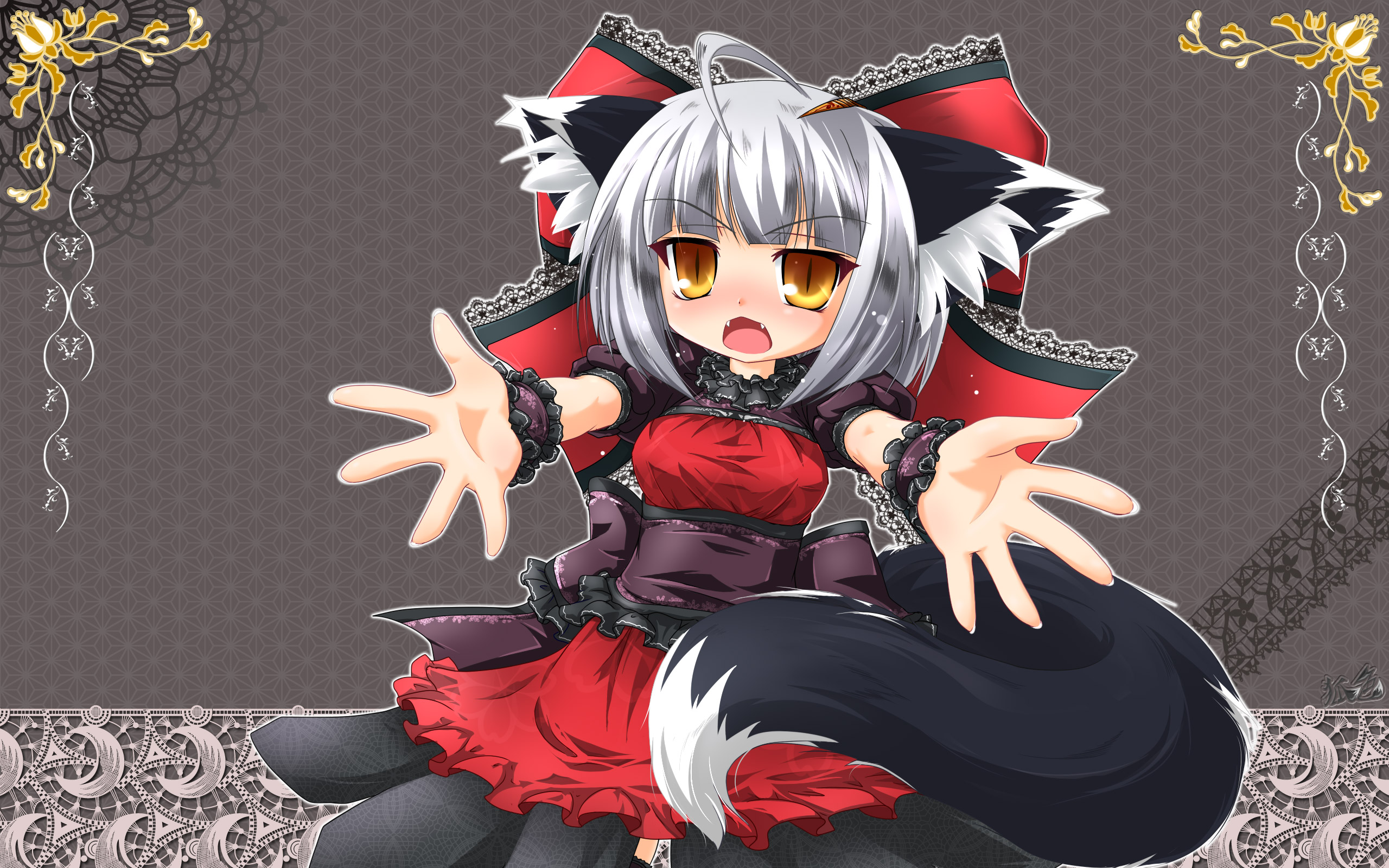 kazami karasu, original, silver hair, highres, 1girl, ahoge, animal ear fluff, animal ears, armband, blush, bow, cat ears, cat tail, dress, fangs, female focus, fox ears, fox tail, frills, gothic lolita, hair bow, hair ornament, hairclip, lace, large bow, lolita fashion, open mouth, outstretched arms, red dress, ribbon, sash, short hair, slit pupils, solo, spread arms, tail, yellow eyes